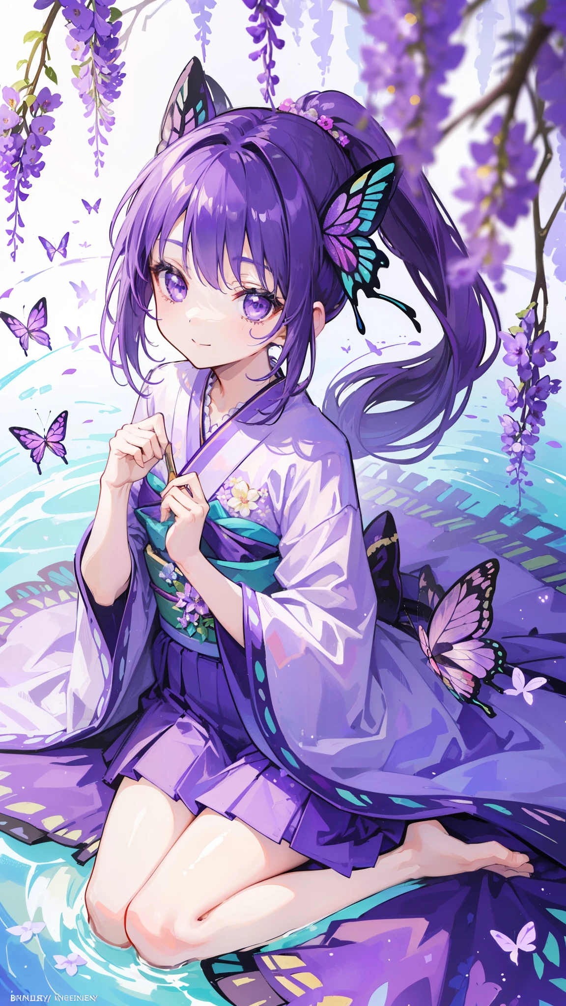 (32k), ((cute girl)), (hight quality), (high-level image quality), (smile), (hight quality wisteria flowers background), (32k background), (wisteria trellis), (purple short ponytail), (purple eyes), (18 years old), (illustration), (purple light particles), (purple kimono), (purple Japanese clothes), (((from above))), (32k), (beautiful cute girl), (butterfly ornament), (butterfly dresany butterflies)), (((background of many flowers ))), (((bright background))), (beautiful world), (cute world), (smile), (((beautiful quality))), (((the floor is on the water))),