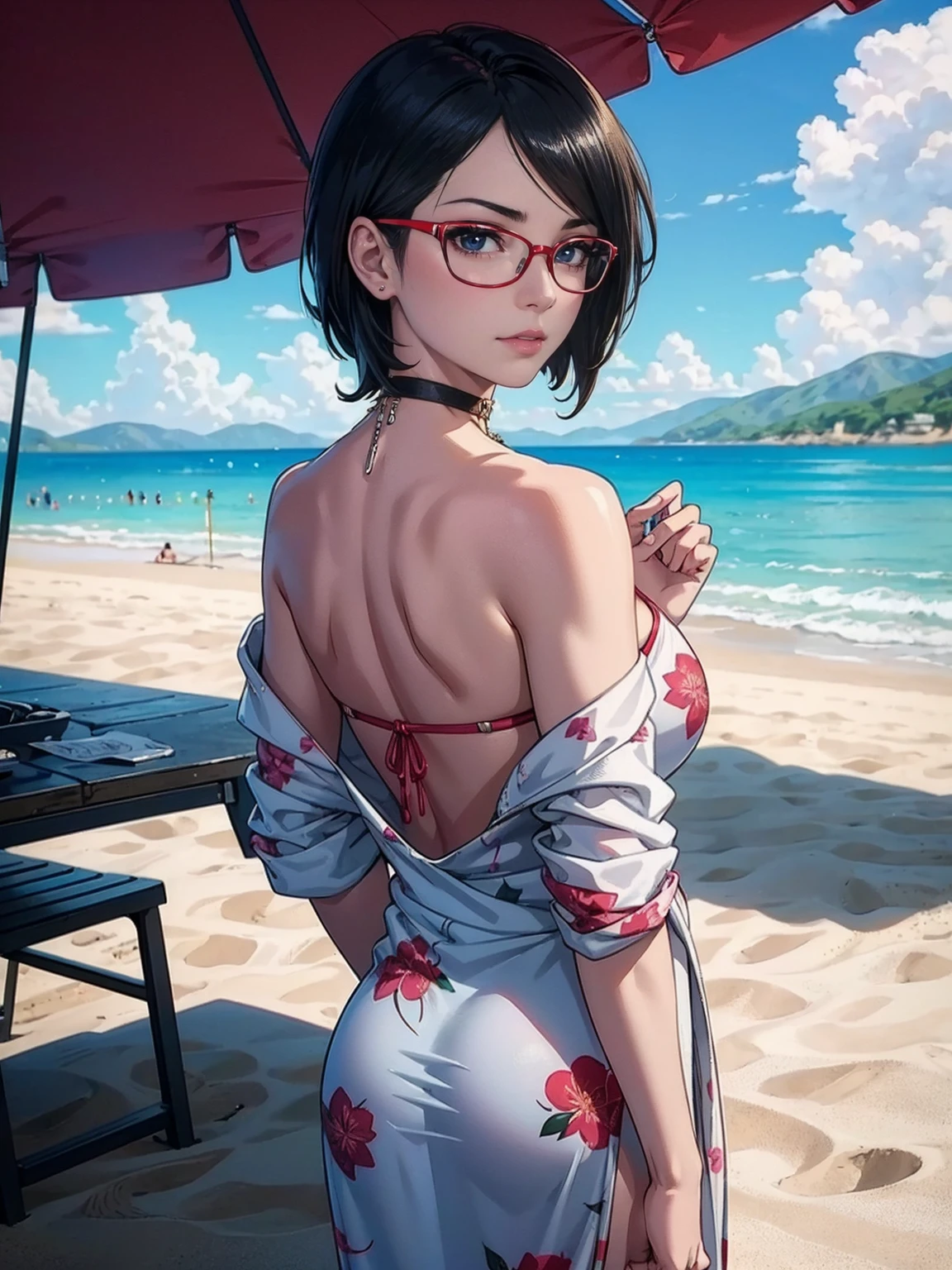 Sarada, (((Alone, looking back, Sarada Uchiha, black eyes, glasses, Alone, short hair, Angled Textured Bob, small breasts, sexy, beautiful))) ,Eyeglasses, ((pink lipstick, Extremely detailed, ambient soft lighting, 4k, perfect eyes, a perfect face, perfect lighting, a 1girl)) , (extremely detailed beautiful face), ((1girls, solo, highly detailed, sexy floral printed bikini, translucent printed robes, playing on a beautiful beach, ((fitness)), smug, looking at the viewer, fancy jewelry, makeup, light and shadows, day time , silver sand beach, blue sky, puffy clouds, gold necklace, choker,))