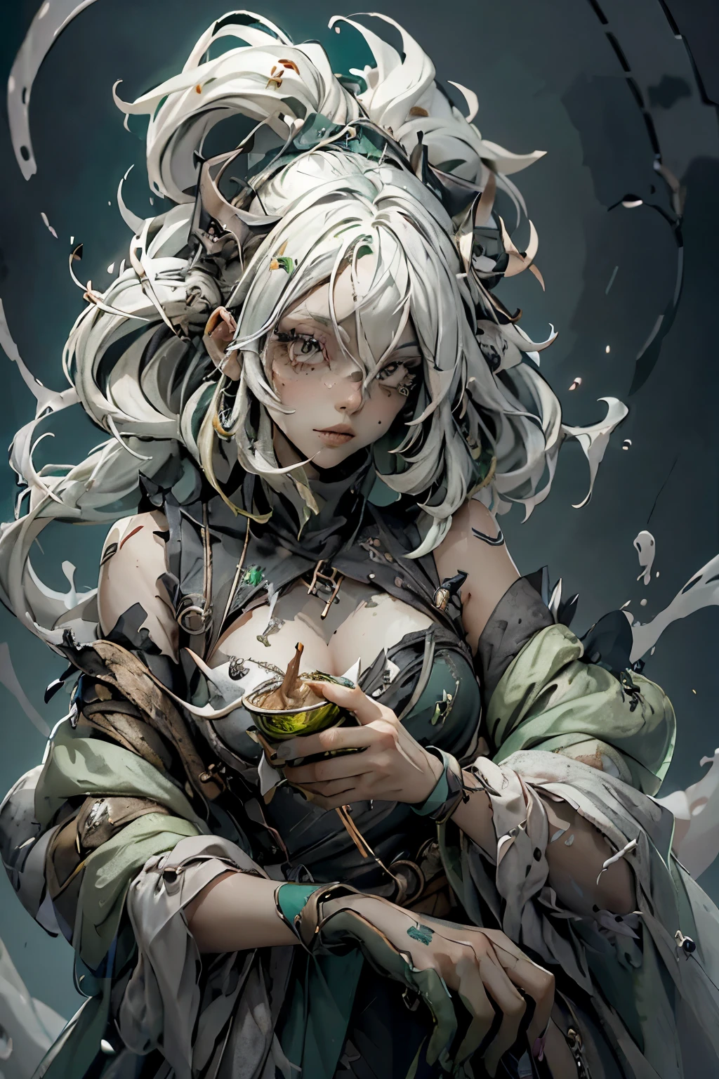 WOMAN creating a green-colored potion in a dim laboratory with finished details, imagem detalhada e em 4k, messy and crazy white hair, detalhado, full detalhado, com particulas, detalhado, 4k