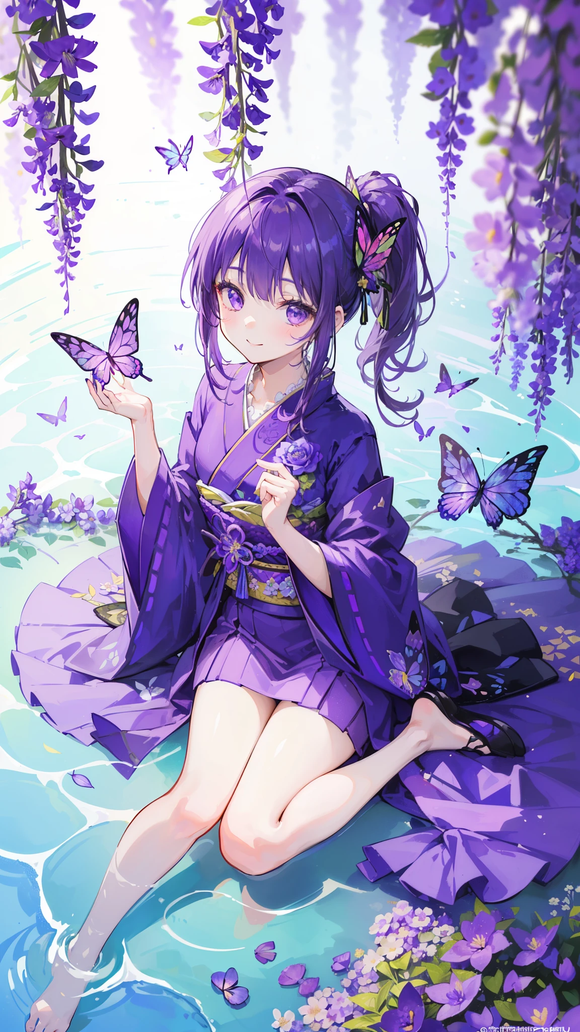 (32k), ((cute girl)), (hight quality), (high-level image quality), (smile), (hight quality wisteria flowers background), (32k background), (wisteria trellis), (purple short ponytail), (purple eyes), (18 years old), (illustration), (purple light particles), (purple kimono), (purple Japanese clothes), (((from above))), (32k), (beautiful cute girl), (butterfly ornament), (butterfly dresany butterflies)), (((background of many flowers ))), (((bright background))), (beautiful world), (cute world), (smile), (((beautiful quality))), (((the floor is on the water))),
