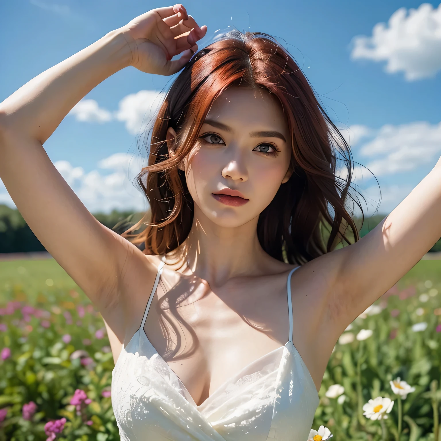 1 girl, red hair, Wavy hair, Middle parted hair, fierce face, Fierce eyes, Not smiling, collarbone, armpit, white dress, flower field, sky.