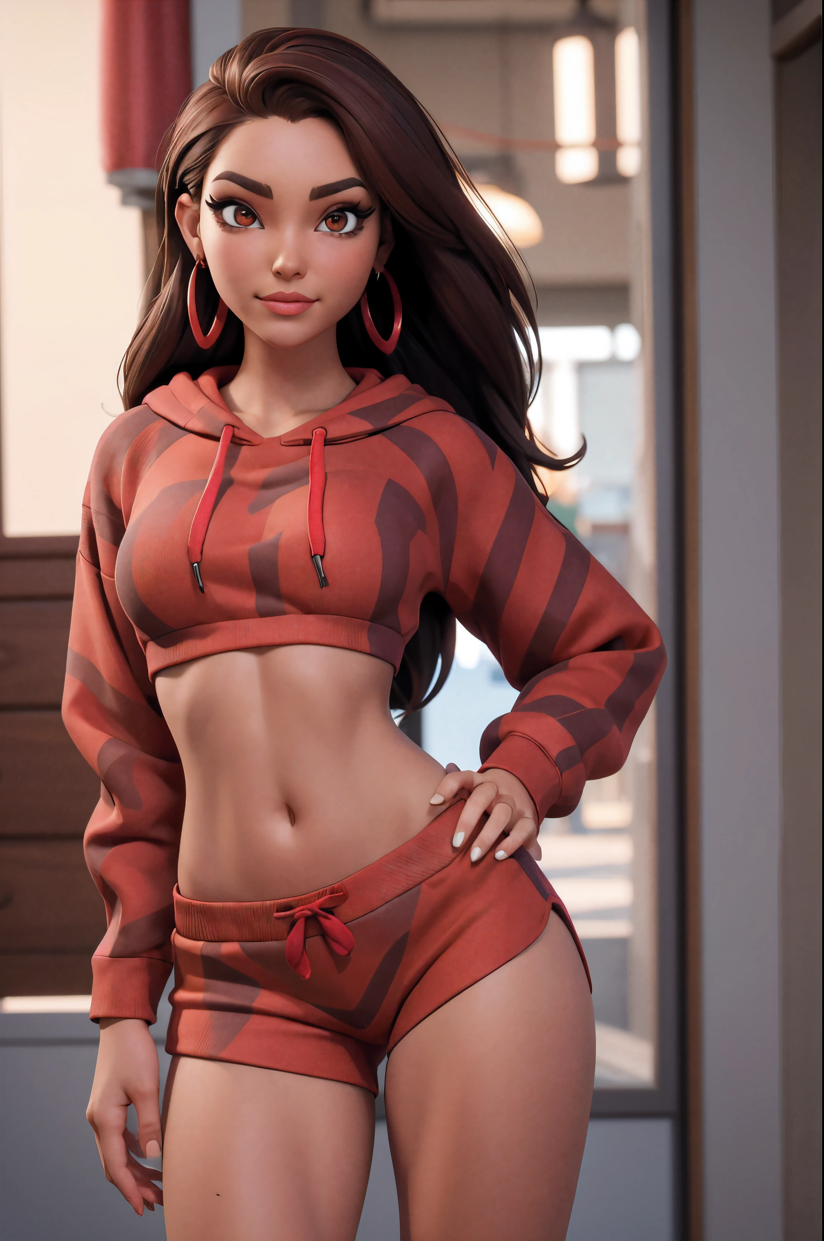 xyzruby, 1girl, brown hair, beautiful, earrings, makeup, vibrant, eyeliner, mascara, 3d render style, looking at viewer, midriff, cropped hoodie, red hoodie, panties, no pants, cap, stripe pattern