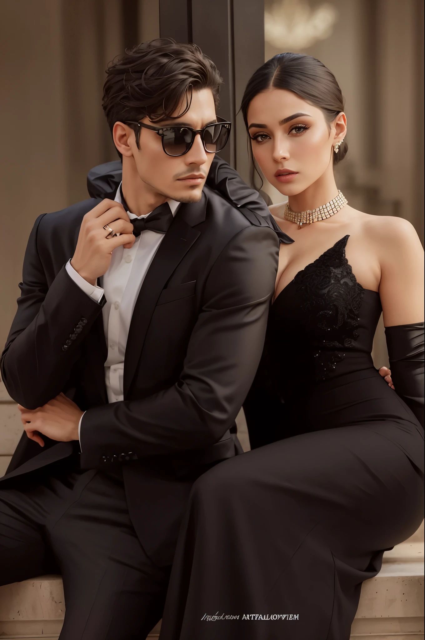 araffes y una mujer con un vestido negro y un hombre con traje, high - end fashion Photoshoot, vistiendo trajes negros causales, vistiendo un traje noble negro, una pareja elegante, Photoshoot, al estilo de lam manh, alta costura con clase, by Emma Andijewska, con gafas de sol, Ropa formal, Traje formal, traje negro de lujo, vistiendo esmoquin