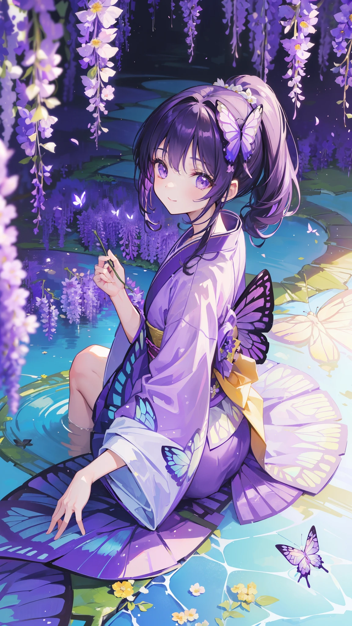 (32k), ((cute girl)), (hight quality), (high-level image quality), (smile), (hight quality wisteria flowers background), (32k background), (wisteria trellis), (purple short ponytail), (purple eyes), (18 years old), (illustration), (purple light particles), (purple kimono), (purple Japanese clothes), (((from above))), (32k), (beautiful cute girl), (butterfly ornament), (butterfly dresany butterflies)), (((background of many flowers ))), (((bright background))), (beautiful world), (cute world), (smile), (((beautiful quality))), (((the floor is on the water surface))),