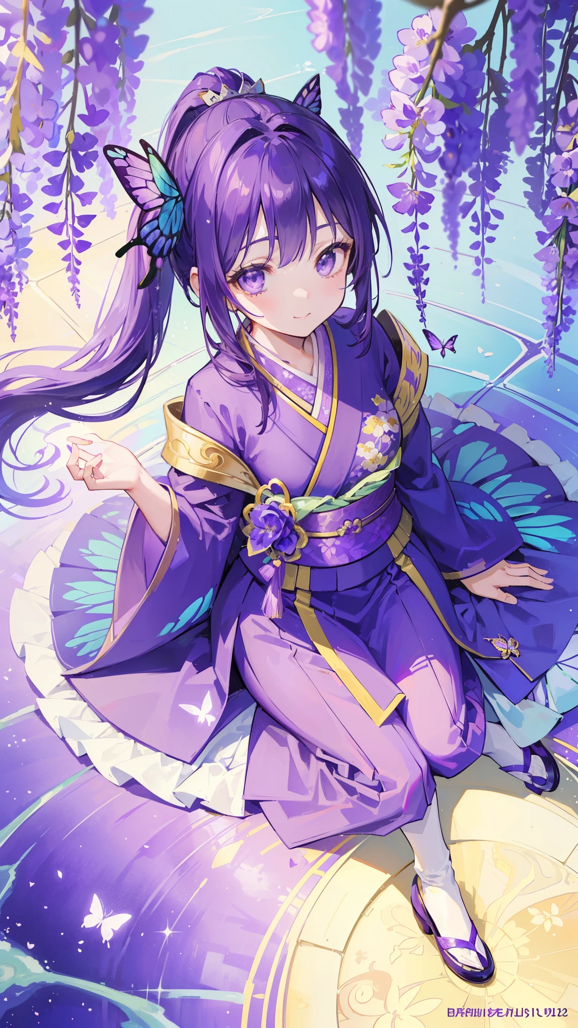 (32k), ((cute girl)), (hight quality), (high-level image quality), (smile), (hight quality wisteria flowers background), (32k background), (wisteria trellis), (purple short ponytail), (purple eyes), (18 years old), (illustration), (purple light particles), (purple kimono), (purple Japanese clothes), (((from above))), (32k), (beautiful cute girl), (butterfly ornament), (butterfly dresany butterflies)), (((background of many flowers ))), (((bright background))), (beautiful world), (cute world), (smile), (((beautiful quality))), (((the floor is on the water surface))),