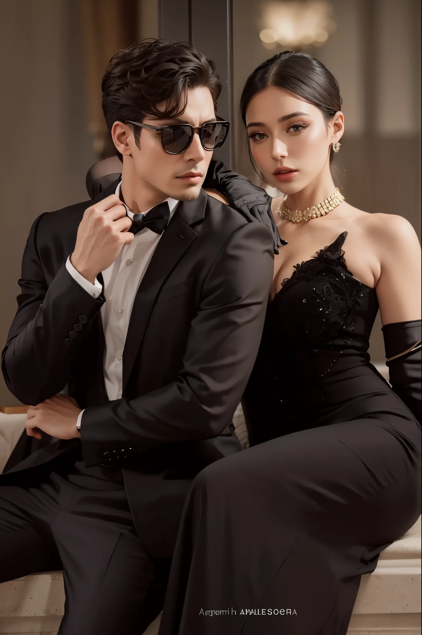 araffes y una mujer con un vestido negro y un hombre con traje, high - end fashion Photoshoot, vistiendo trajes negros causales, vistiendo un traje noble negro, una pareja elegante, Photoshoot, al estilo de lam manh, alta costura con clase, by Emma Andijewska, con gafas de sol, Ropa formal, Traje formal, traje negro de lujo, vistiendo esmoquin