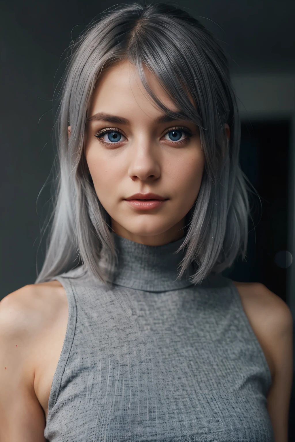 young woman with grey hair and dark blue eyes, 8k