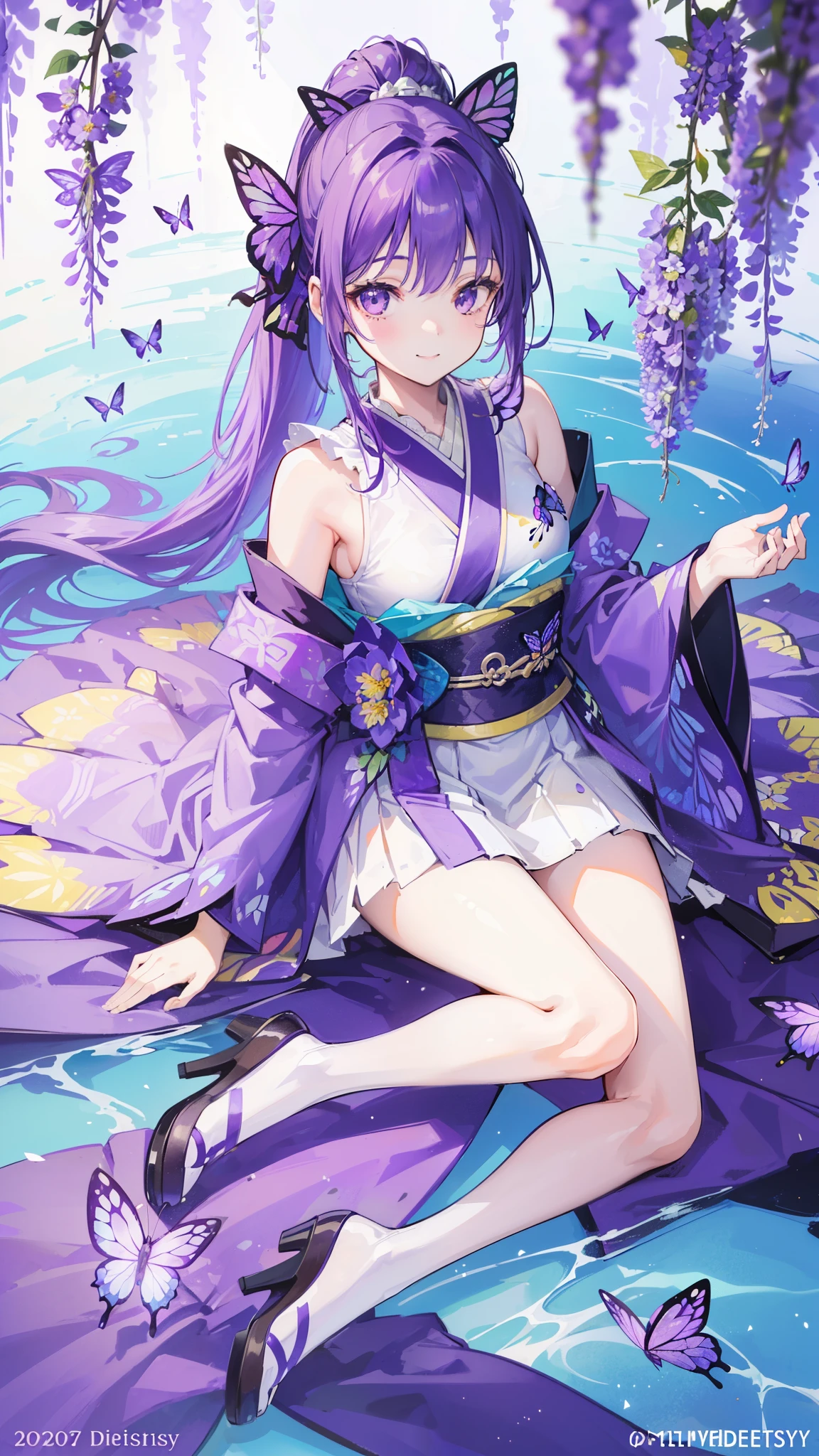 (32k), ((cute girl)), (hight quality), (high-level image quality), (smile), (hight quality wisteria flowers background), (32k background), (wisteria trellis), (purple short ponytail), (purple eyes), (18 years old), (illustration), (purple light particles), (purple kimono), (purple Japanese clothes), (((from above))), (32k), (beautiful cute girl), (butterfly ornament), (butterfly dresany butterflies)), (((background of many flowers ))), (((bright background))), (beautiful world), (cute world), (smile), (((beautiful quality))), (((the floor is on the water))),