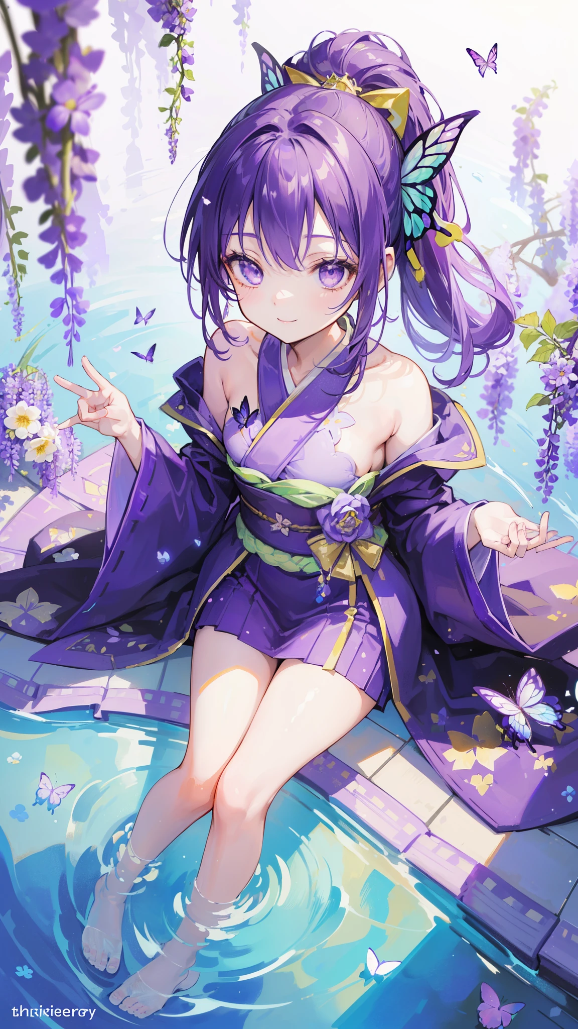 (32k), ((cute girl)), (hight quality), (high-level image quality), (smile), (hight quality wisteria flowers background), (32k background), (wisteria trellis), (purple short ponytail), (purple eyes), (18 years old), (illustration), (purple light particles), (purple kimono), (purple Japanese clothes), (((from above))), (32k), (beautiful cute girl), (butterfly ornament), (butterfly dresany butterflies)), (((background of many flowers ))), (((bright background))), (beautiful world), (cute world), (smile), (((beautiful quality))), (((the floor is on the water))),