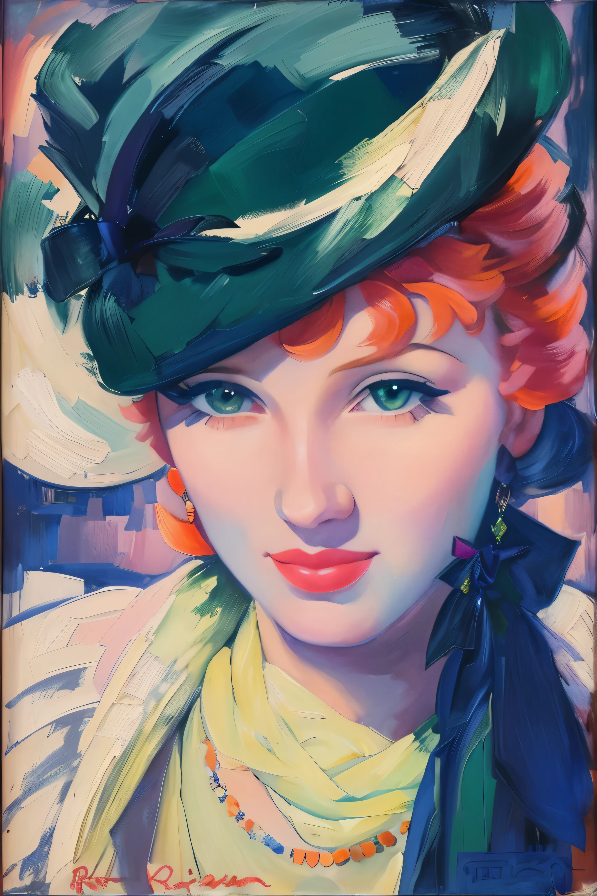 painting of a woman with hat and scarf, art deco retrato, Enoque Bolles, Direction: Leon Kroll, art deco painting, retrato de uma mulher ruiva, jean dupas, inspired Direction: Leon Kroll, ( ( ( art deco ) ) ), artista desconhecido, an art deco painting, por Robert Berény, retrato
