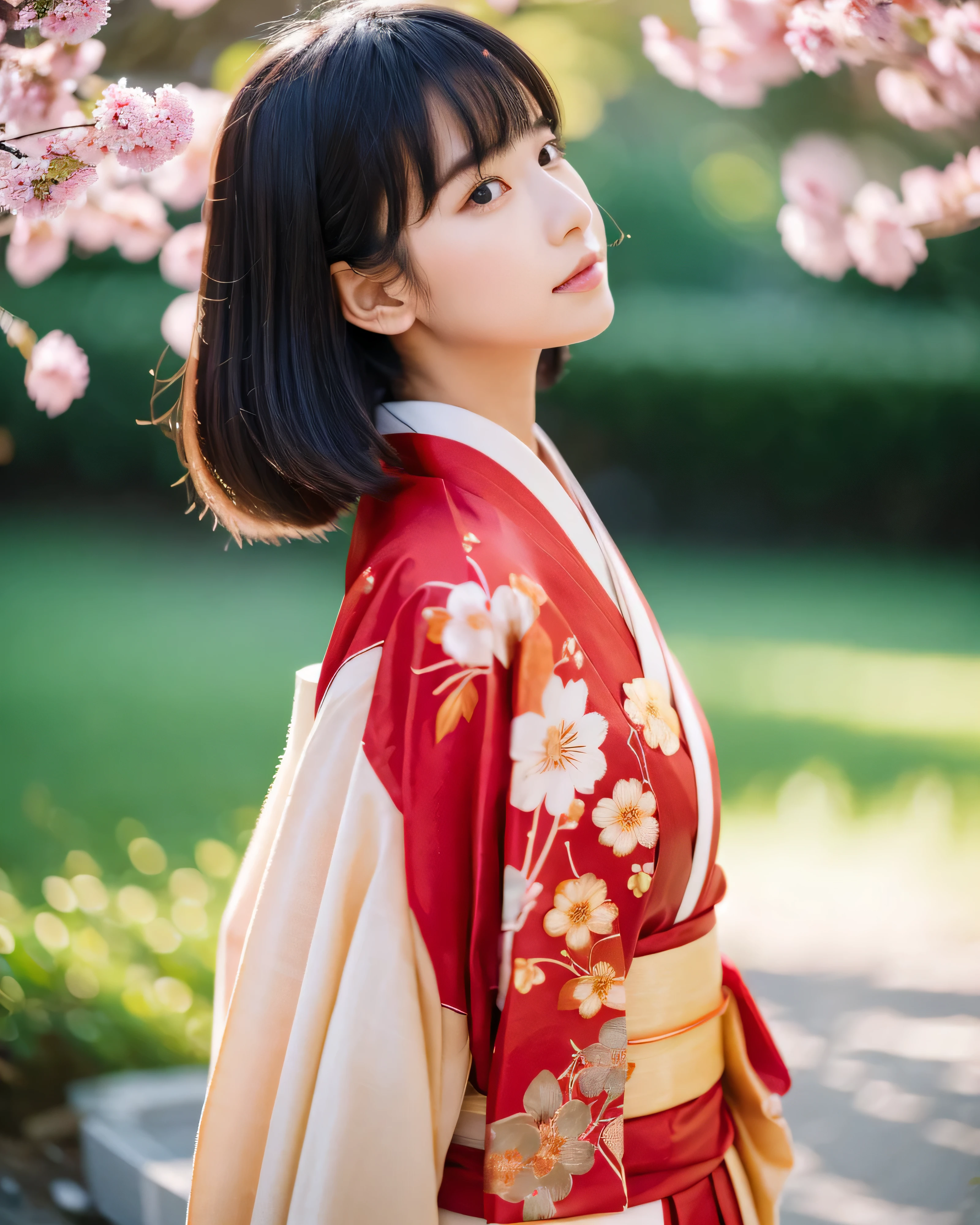 (highest quality, 8k, High resolution, masterpiece:1.5), 美new日本の女の子, perfect human anatomy, perfect hands, 15 years old, bright black hair, long straight hair, asymmetrical bangs, big magic eyes, High resolutionの潤んだ瞳, smooth soft skin, natural makeup, 優new微笑み, Japanese traditional red kimono, fine fabric, Luxury and gorgeous kimono, (whole body:1.3), The gesture of tying the hair back, ((early morning)), (peach blossom), (petals dance:1.2), hazy white air, sunlight filtering through the trees, High resolutionの巨大な満月, starry sky, professional lighting, professional photographer, god々new
