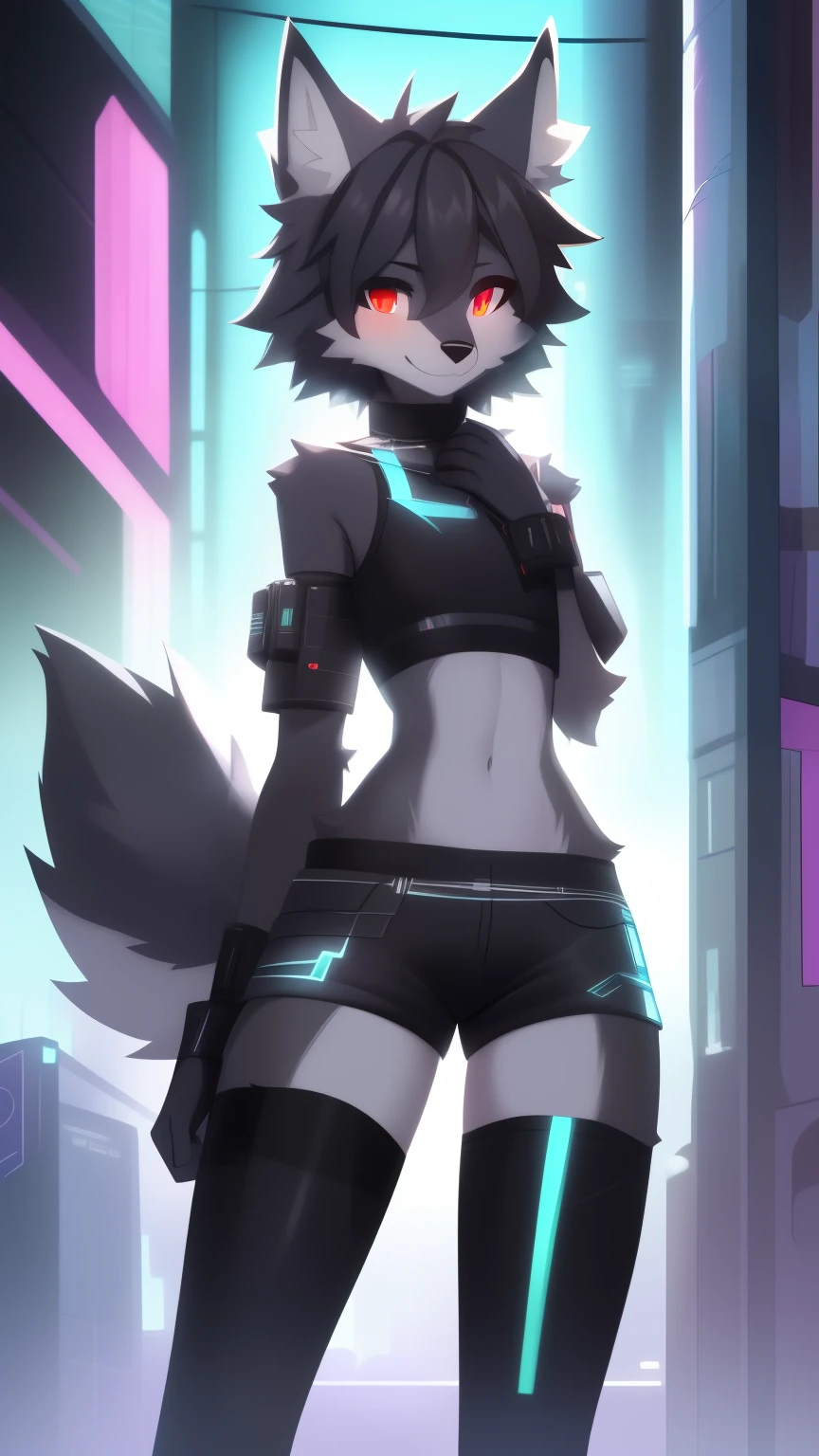 Best quality, Super detailed illustration, (fluffy wolf boy:1.4), (matte black fur color:1.4), feminine face and body, disheveled thick hair, cyberpunk clothing, short shorts, Tight stockings, shy smile, Femboy, small waist, wide hips, Slim, Perfect body, long demon tail