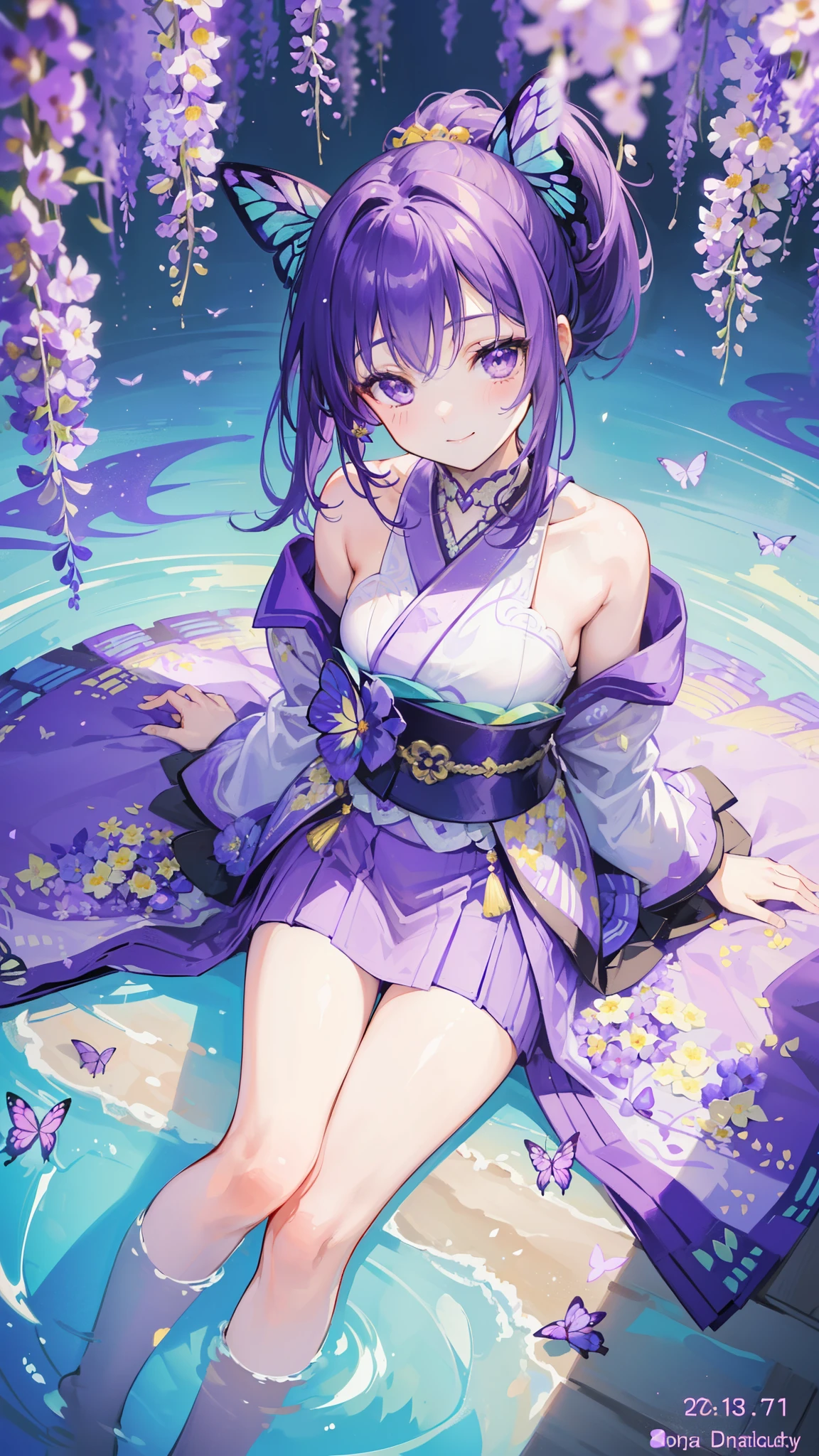 (32k), ((cute girl)), (hight quality), (high-level image quality), (smile), (hight quality wisteria flowers background), (32k background), (wisteria trellis), (purple short ponytail), (purple eyes), (18 years old), (illustration), (purple light particles), (purple kimono), (purple Japanese clothes), (((from above))), (32k), (beautiful cute girl), (butterfly ornament), (butterfly dresany butterflies)), (((background of many flowers ))), (((bright background))), (beautiful world), (cute world), (smile), (((beautiful quality))), (((the floor is on the water))),