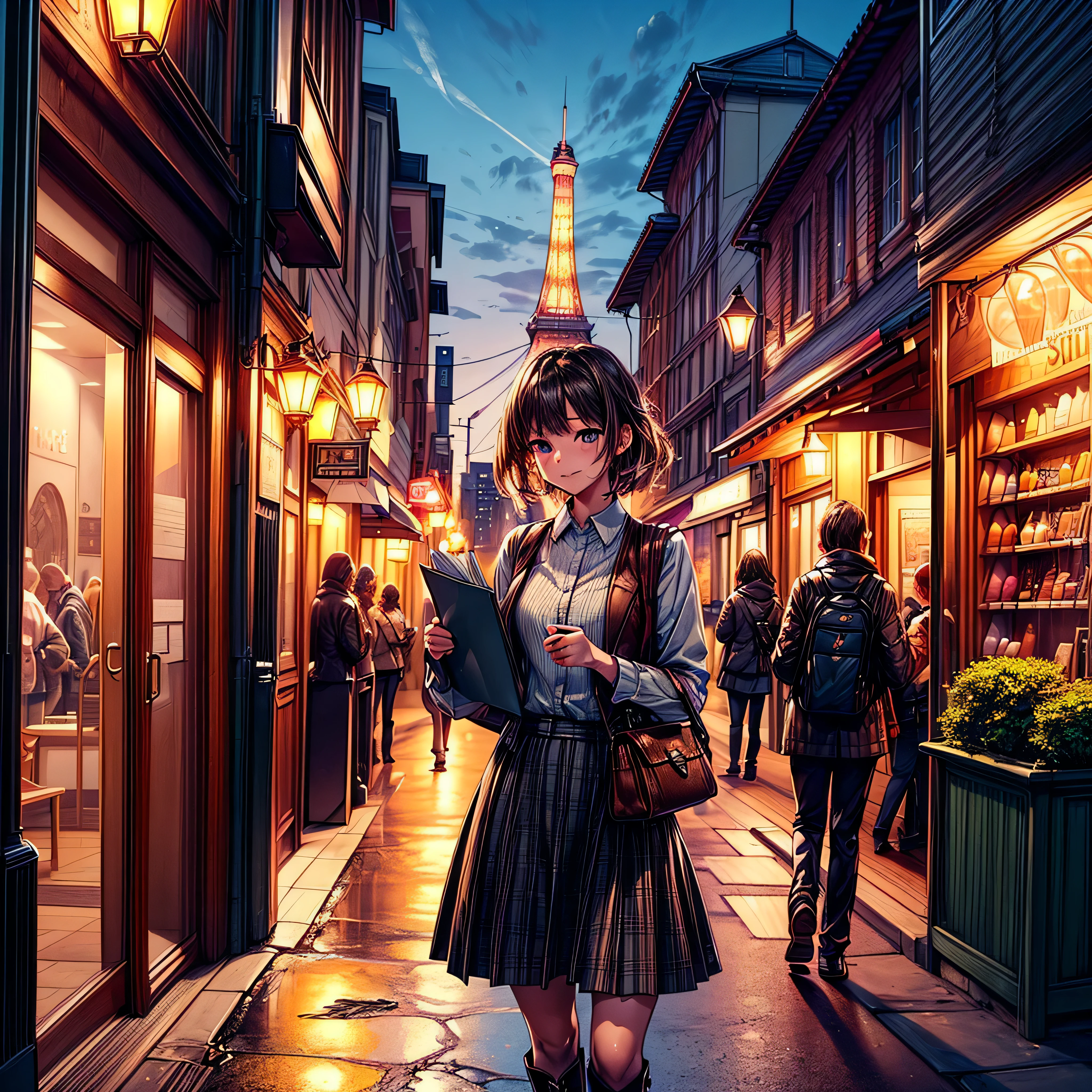(epic Masterpiece, ultra highest quality, ulra highest resolution, ulra high-definition, distinct_image, very elaborate CG, cinematic lighting, ray tracing, drop shadows, detailed detail, (photorealistic: 1.4), ultra high quality textures, fine-grained, realistic face expression): (lone girl, face is Japan, brown short hair, small size breasts, sparkling eyes, Eye level shot, happy smile, beauty, slim body, holiday, own room, console game, computer, display, keyboard, mouse, long leather skirt, collared shirt, leather vest, handgun holder, carrying leather bag on your back, long boots, antique radio, coffee, model train, bookshelf, spacious yellowchair, Pots, fans, paintings, stuffed animals, ties, notebooks, stationery, vases, photo frames, letters, fountain pens, calendars, lamps, cushions, baskets, mirrors reflecting in profile, candles, telephone, fruit, newspapers, sweets, city Eiffel view outside the window), Pendulum clock frog varied multi etc. --v6 --s1000 --c20 --q5 --chaos100