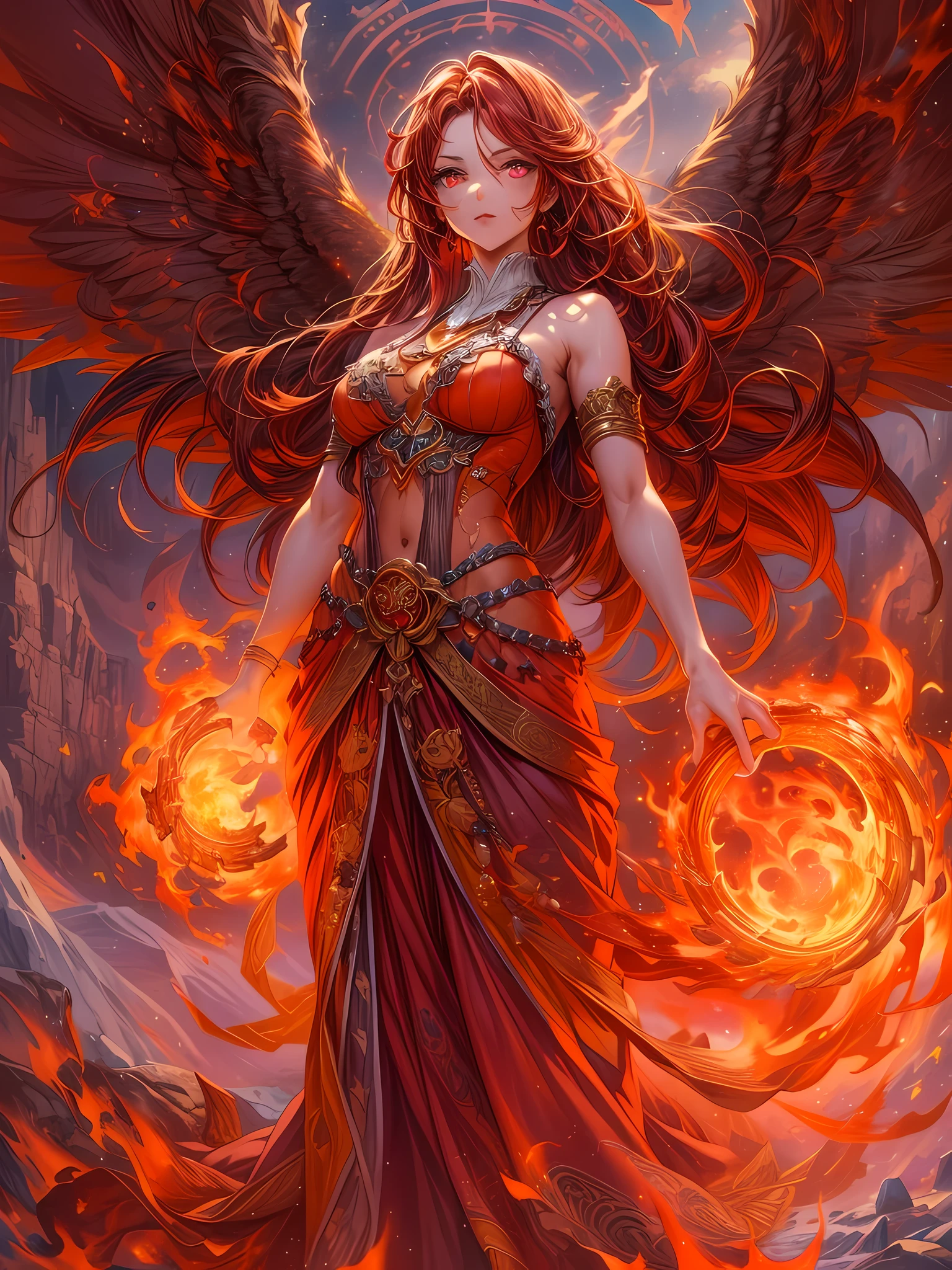 Gorgeous goddess of fire, (Float on fiery orange clouds); Perfect hair, perfect full lips, Delicate and perfect body, Her body was flawless, Amazing galactic garden, Background of flames, Floating on the clouds, Highly stylized features; (full bodyesbian), unsplash, Highly detailed, Digital painting, intricately detailed eyes, Colourful, Ink painting, Beautiful watercolor, Realistic, Detailed, fine art, Oil painting, Finely drawn hands; By Artgerm, by Alphonse Mucha, author：Ilya Kuvshinov sty, Paintings by Olga Shvasur, Svetlana Novykova / a woman in a red dress / fire emanates from her hands, vector art inspired by Clyde Caldwell, Artstation contest winner, fantasy art, hot fire goddess, fire goddess, appears as the fire goddess, goddess of fire, the fire queen, the fire goddess, steampunk Chandra queen of fire, mighty plump female sorceress, fire goddess / surrounded by fire