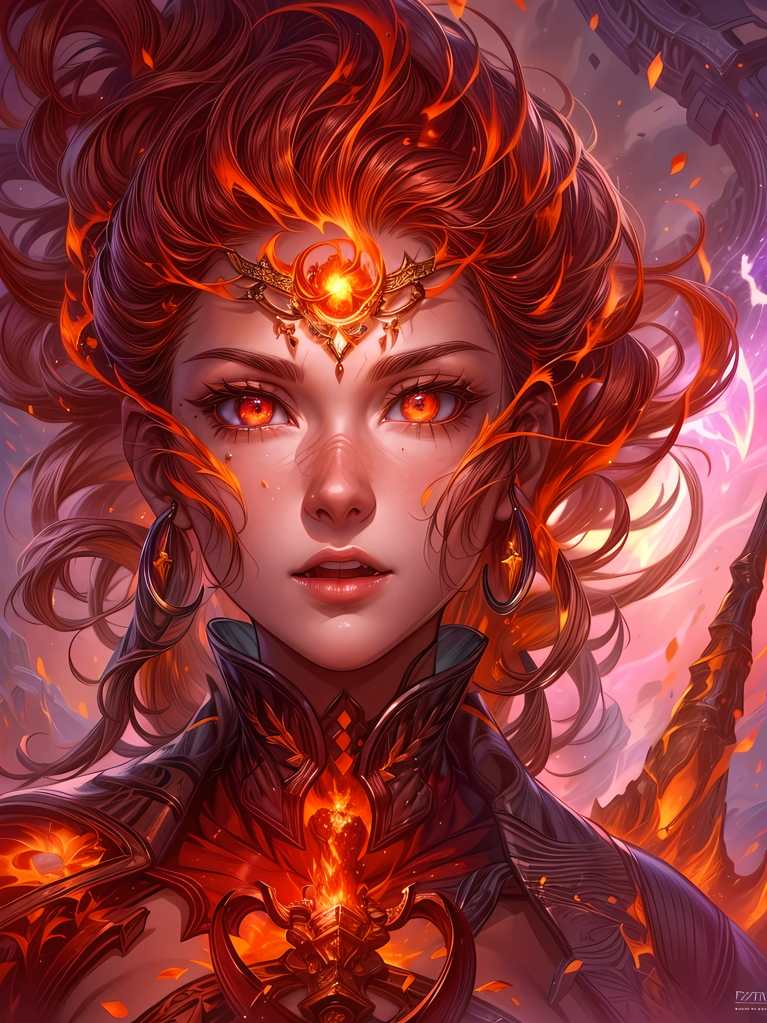 high details, best quality, 16k, [ultra detailed], masterpiece, best quality, (extremely detailed), full body, ultra wide shot, photorealistic, fantasy art, dnd art, rpg art, realistic art, an ultra wide picture of a female human (intricate details, Masterpiece, best quality: 1.5) goddess of fire  ((fiery radiant aura)), controlling a swirling red fire, fiery red radiant magic (1.5 intricate details, Masterpiece, best quality), manipulating purple radiant magical symbols, [[divine symbols]] (intricate details, Masterpiece, best quality: 1.5), human female, red  hair, long hair with aura, hair with red radiant eyes, intense eyes, ((radiant eyes)), (( red glowing eyes)), dynamic clothing, fantasy volcano back ground, stresms of lava,  celestial  background, ((divine worship atmosphere)), high details, best quality, highres, ultra wide angle