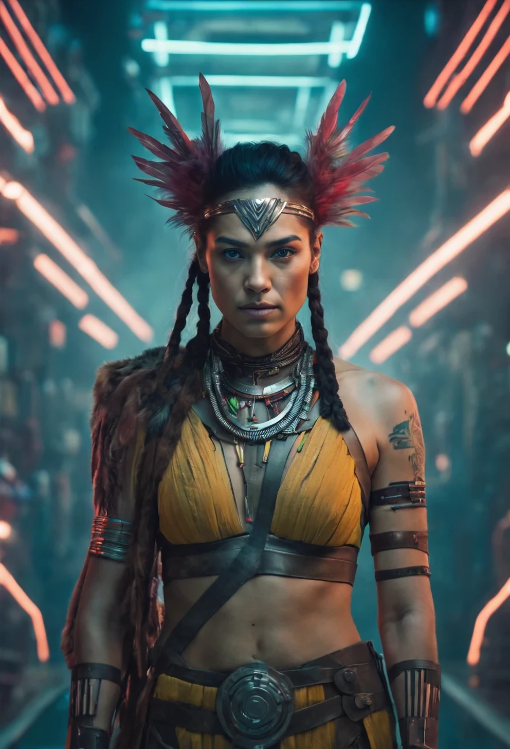 (ohwx woman)  cyborg, surrounded by cables , native Indian, hair braided in pigtails, tattoos on her face, neck and breasts, feathers in her hair, war colors, strong, proud, cyborg, beautiful full shot imagery, vibrantly lush neon lighting, beautiful volumetric-lighting-style atmosphere, a futuristic atmosphere, intricate, ultra detailed, photorealistic imagery, trending on artstation, 4k, 8k