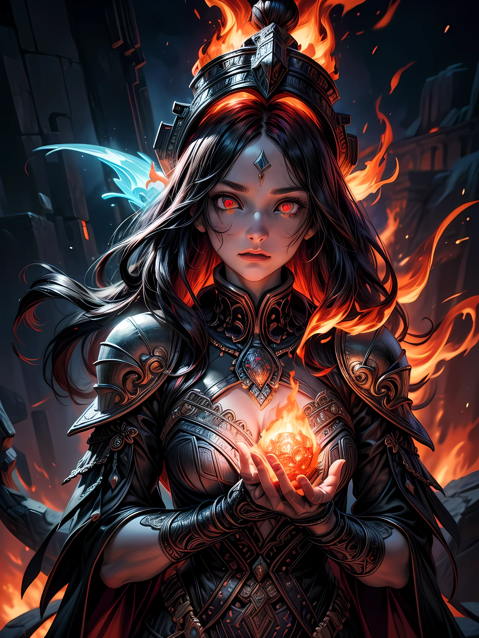 high details, best quality, 16k, [ultra detailed], masterpiece, best quality, (extremely detailed), full body, ultra wide shot, photorealistic, fantasy art, dnd art, rpg art, realistic art, an ultra wide picture of a female human (intricate details, Masterpiece, best quality: 1.5) goddess of fire  ((fiery radiant aura)), controlling a swirling red fire, fiery red radiant magic (1.5 intricate details, Masterpiece, best quality), manipulating purple radiant magical symbols, [[divine symbols]] (intricate details, Masterpiece, best quality: 1.5), human female, red  hair, long hair with aura, hair with red radiant eyes, intense eyes, ((radiant eyes)), (( red glowing eyes)), dynamic clothing, fantasy volcano back ground, stresms of lava,  celestial  background, ((divine worship atmosphere)), high details, best quality, highres, ultra wide angle, gl0w1ngR