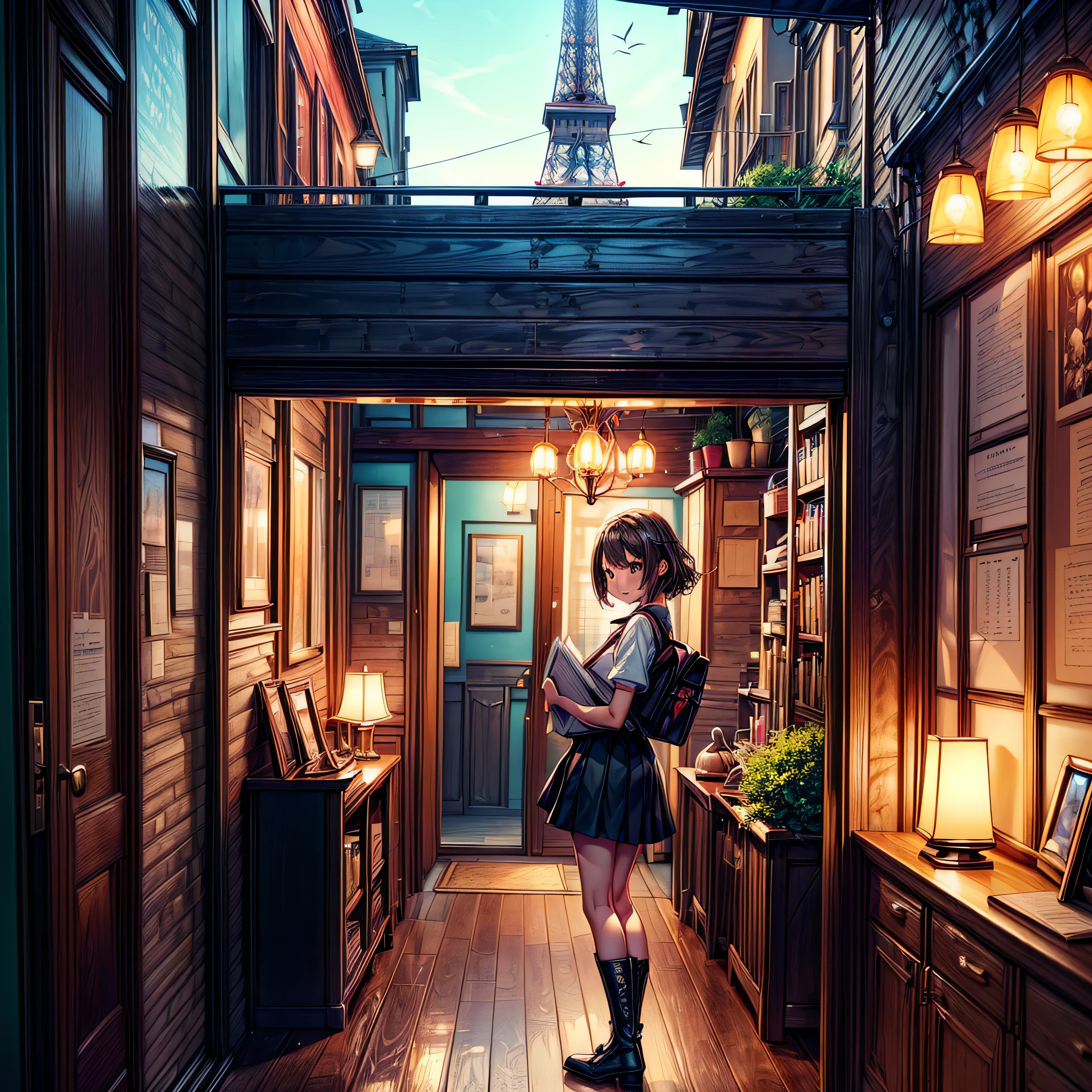 (epic Masterpiece, ultra highest quality, ulra highest resolution, ulra high-definition, distinct_image, very elaborate CG, cinematic lighting, ray tracing, drop shadows, detailed detail, (photorealistic: 1.4), ultra high quality textures, fine-grained, realistic face expression): (lone girl, face is Japan, brown short hair, small size breasts, sparkling eyes, Eye level shot, happy smile, beauty, slim body, holiday, own room, console game, computer, display, keyboard, mouse, long leather skirt, collared shirt, leather vest, handgun holder, carrying leather bag on your back, long boots, antique radio, coffee, model train, bookshelf, spacious yellowchair, Pots, fans, paintings, stuffed animals, ties, notebooks, stationery, vases, photo frames, letters, fountain pens, calendars, lamps, cushions, baskets, mirrors reflecting in profile, candles, telephone, fruit, newspapers, sweets, city Eiffel view outside the window), Pendulum clock frog varied multi etc. --v6 --s1000 --c20 --q5 --chaos100