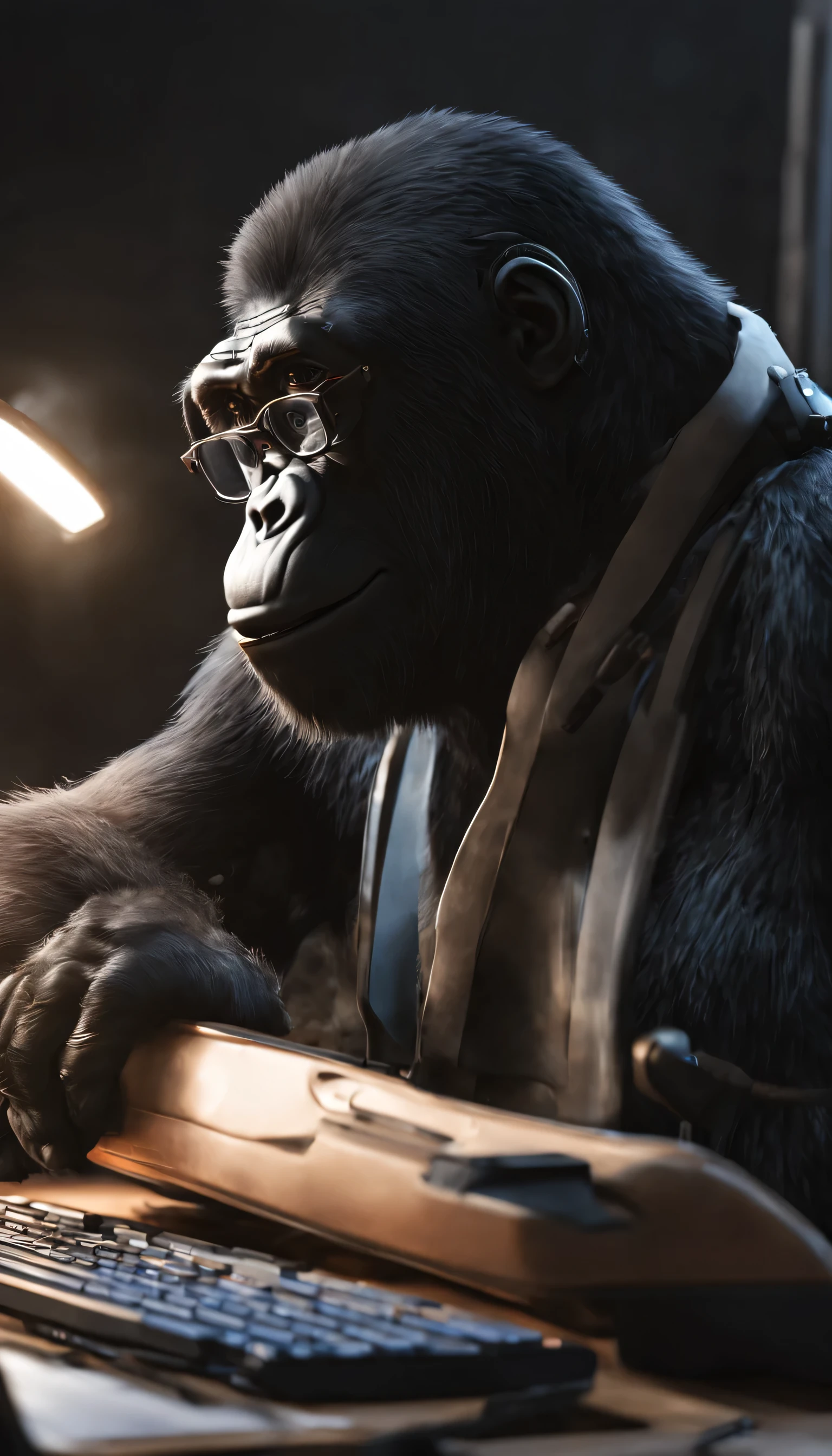 (Highly detailed CG Unity 8k wallpaper、masterpiece、highest quality、Super detailed)、(best lighting、best shadow、very delicate and beautiful)、highest quality、8k、Detailed facial depiction、masterpiece、highest quality、clear image quality、
Cartoon style gorilla wearing glasses and working on a computer。
