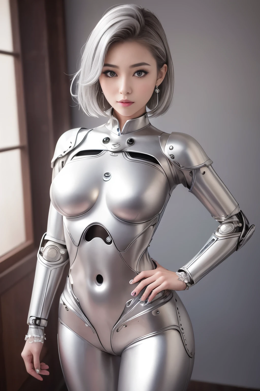 (highest quality, High resolution, masterpiece:1.2), Super detailed, realistic:1.37, (perfect anatomy),1 girl, cowboy shot, Cute and beautiful 25 year old Japanese woman,,transform into a robot,standing posture,laughter,beautiful eyes,beautiful skin, detailed facial features,, (Whole body coated with silver powder:1.4), big breasts, big hips, metal necklace,futuristic earrings, futuristic hair ornament, (erotic makeup:1.1),very short hair,sexy pose,