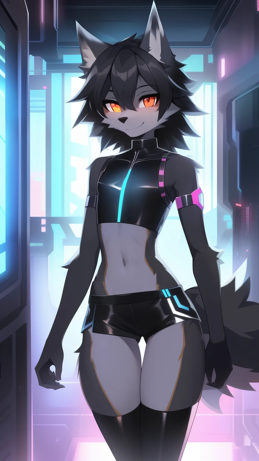 Best quality, Super detailed illustration, (fluffy wolf boy:1.4), (matte black fur color:1.4), feminine face and body, disheveled thick hair, cyberpunk clothing, short shorts, Tight stockings, shy smile, Femboy, small waist, wide hips, Slim, Perfect body, long demon tail