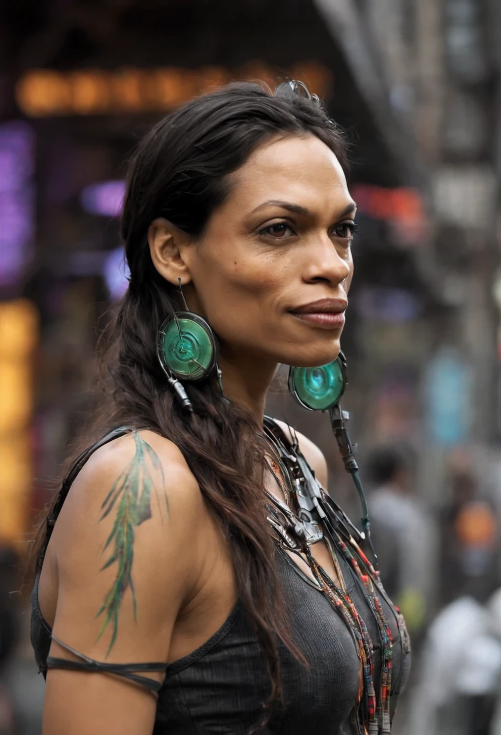 (ohwx woman) cyborg, surrounded by cables , (Rosario Dawson), native Indian, hair braided in pigtails, tattoos on her face, neck and breasts, feathers in her hair, war colors, strong, proud, cyborg, beautiful full shot imagery, vibrantly lush neon lighting, beautiful volumetric-lighting-style atmosphere, a futuristic atmosphere, intricate, ultra detailed, photorealistic imagery, trending on artstation, 4k, 8k