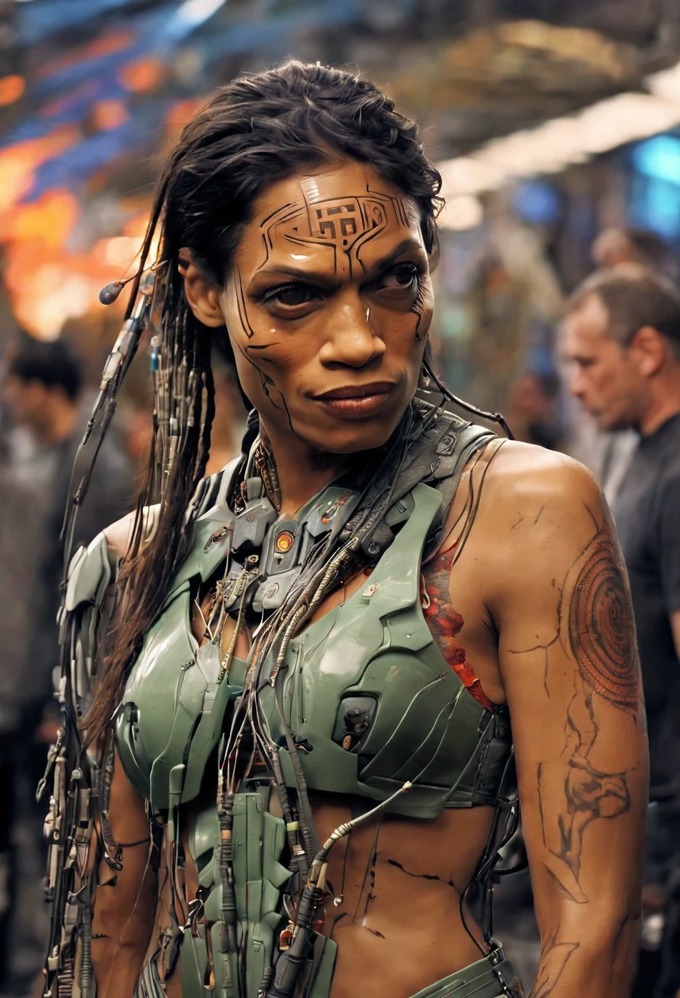 (ohwx woman) cyborg, surrounded by cables , (Rosario Dawson), native Indian, hair braided in pigtails, tattoos on her face, neck and breasts, feathers in her hair, war colors, strong, proud, cyborg, beautiful full shot imagery, vibrantly lush neon lighting, beautiful volumetric-lighting-style atmosphere, a futuristic atmosphere, intricate, ultra detailed, photorealistic imagery, trending on artstation, 4k, 8k