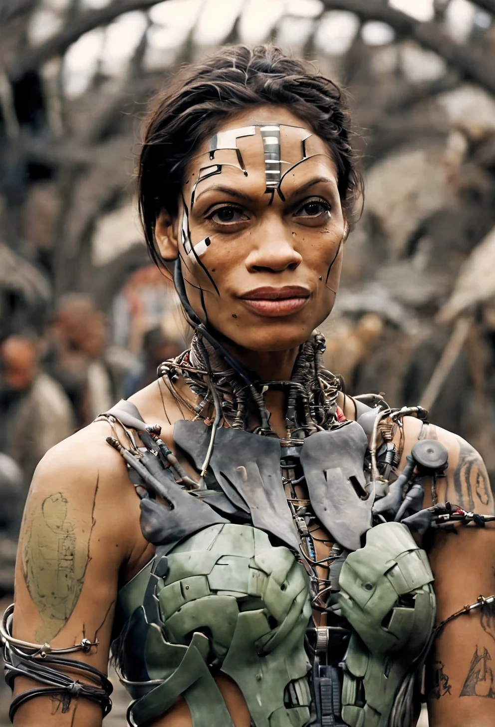 (ohwx woman) cyborg, surrounded by cables , (Rosario Dawson),  hair braided in pigtails, tattoos on her face, neck and breasts, feathers in her hair, war colors, strong, proud, cyborg in ancient time, beautiful full shot imagery, beautiful atmosphere, a mix of ancient and futuristic atmosphere, intricate, ultra detailed, photorealistic imagery, imersive ancient background, 4k, 8k, low angle, full body shot