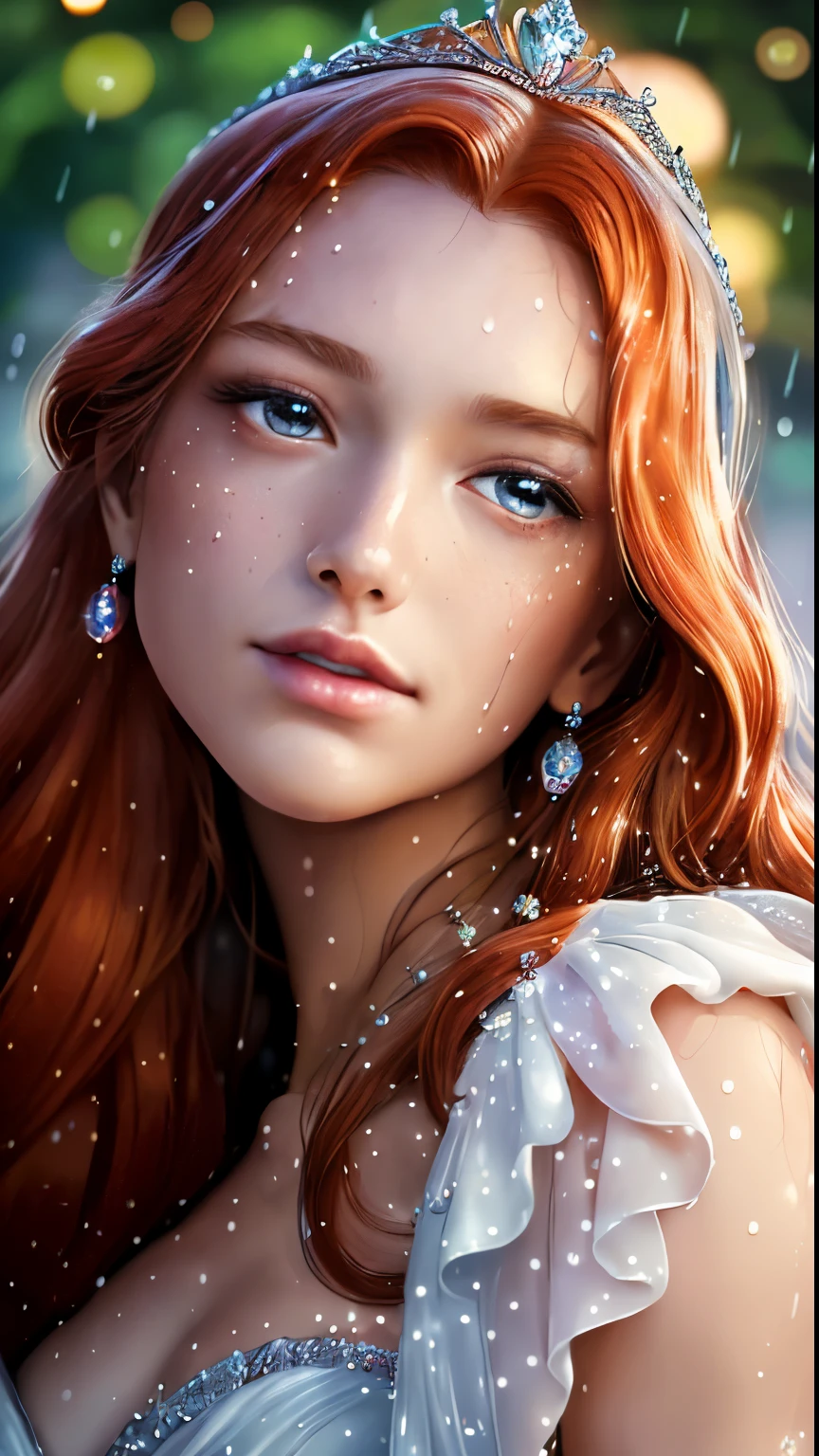 (best quality)), ((masterpiece)), (detailed), perfectDazzling lights ((Droping on his face)) Is Giantic Raindrops that holds the face of a beautiful woman wearing a white tiara on her red long hair wearing wrap around cross dress madevof sick and linen" aartists starsnits90