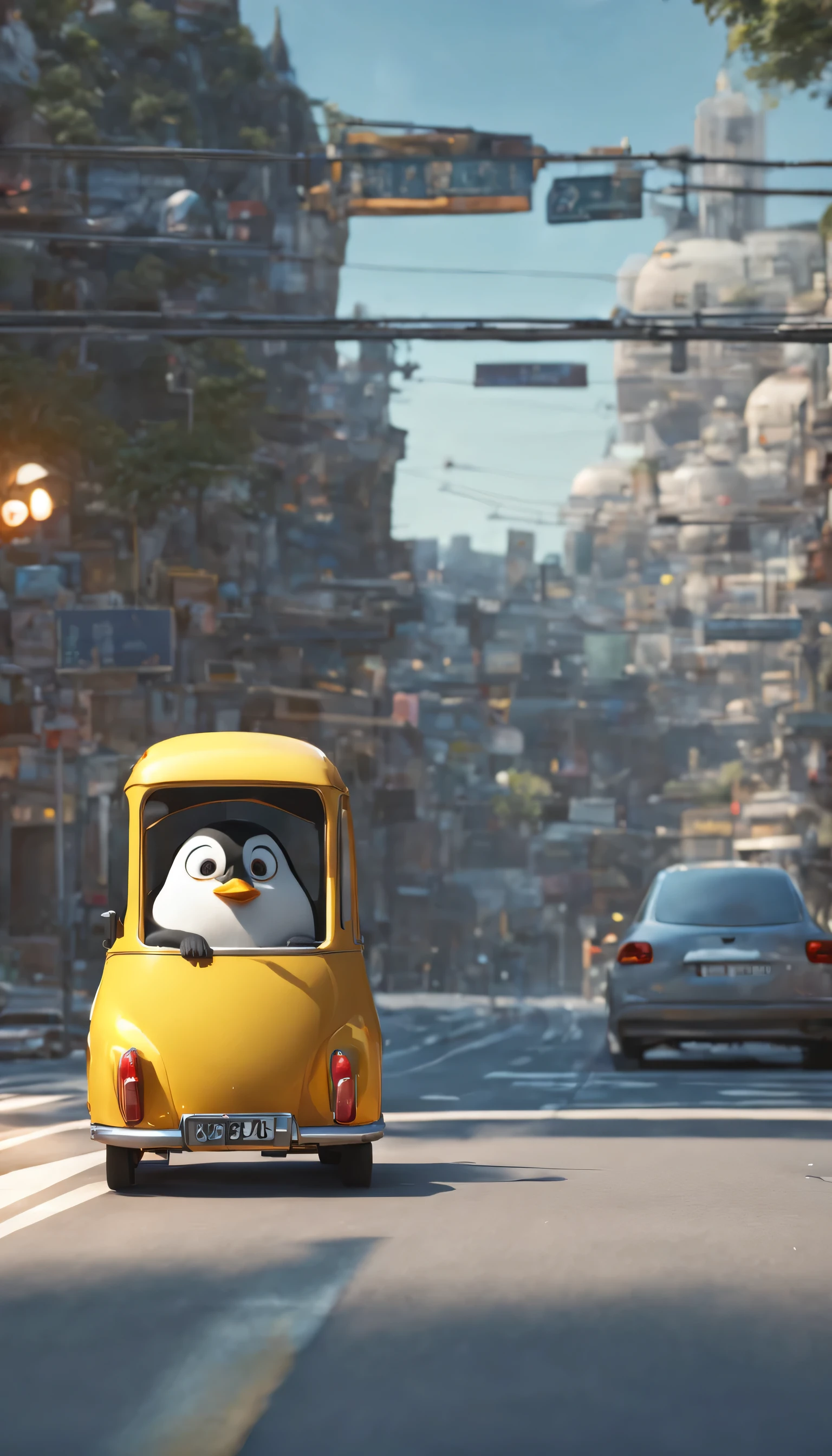 (Highly detailed CG Unity 8k wallpaper、masterpiece、highest quality、Super detailed)、(best lighting、best shadow、very delicate and beautiful)、highest quality、8k、Detailed facial depiction、masterpiece、highest quality、clear image quality、
Cartoon penguin sitting in the driver's seat'Car seat and navigation system operation