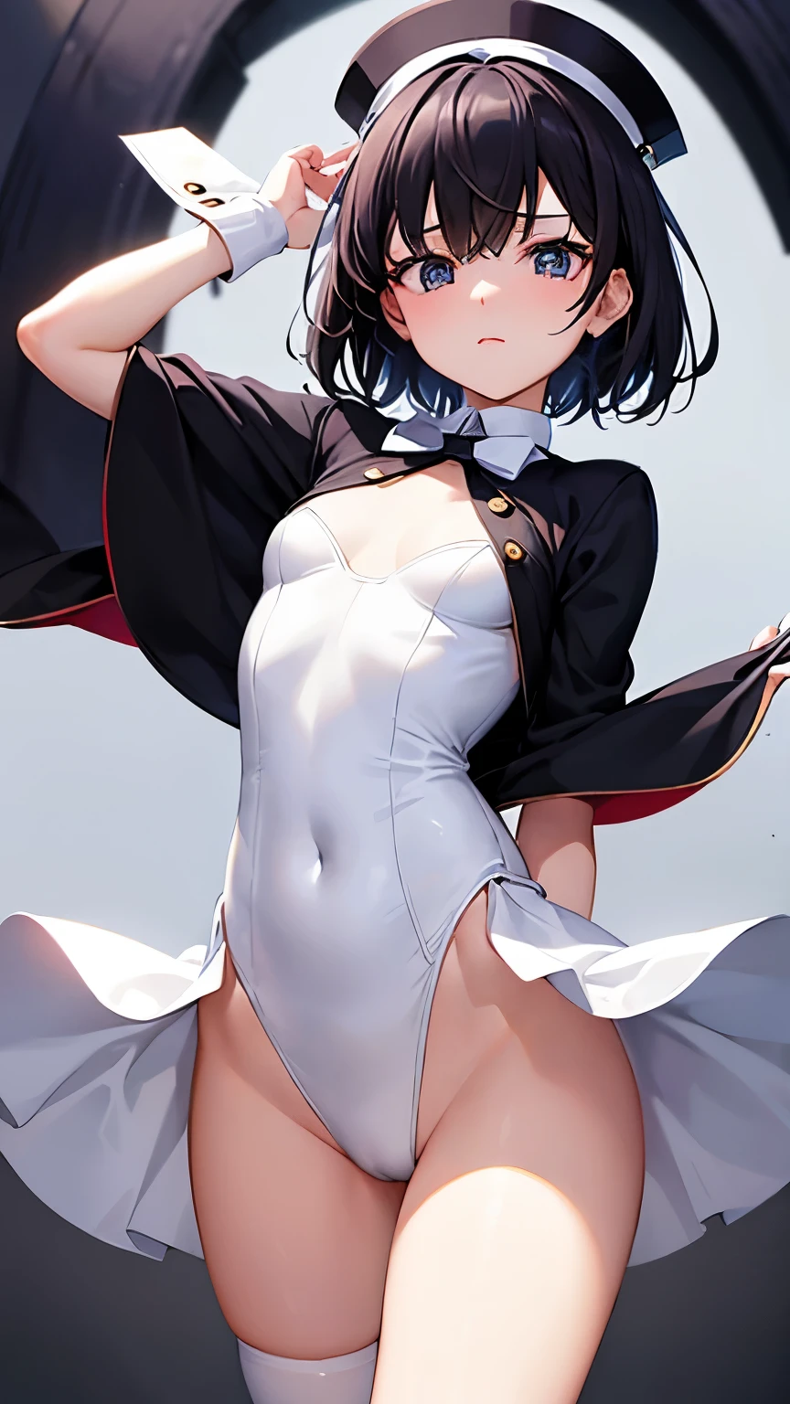 masterpiece, highest quality, Super detailed, 　girl、short black hair、short bangusular、flat chest、handcuffs、white stockings、white leotard　High leg、T-back、black tailcoat　gold button、A face that looks like it&#39;s about to cry、Are standing、black top hat、white gloves