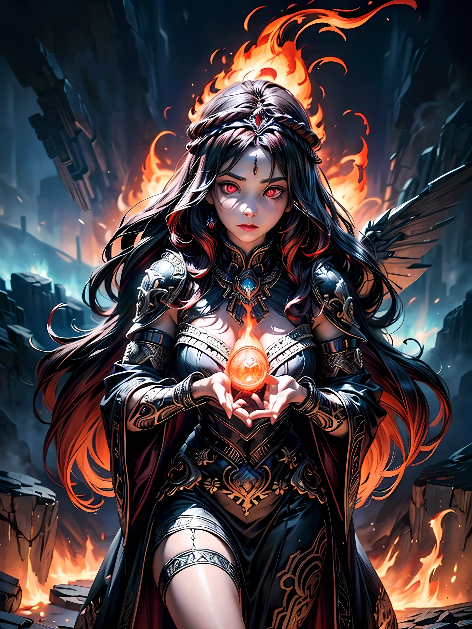 high details, best quality, 16k, [ultra detailed], masterpiece, best quality, (extremely detailed), full body, ultra wide shot, photorealistic, fantasy art, dnd art, rpg art, realistic art, an ultra wide picture of a female human (intricate details, Masterpiece, best quality: 1.5) goddess of fire  ((fiery radiant aura)), controlling a swirling red fire, fiery red radiant magic (1.5 intricate details, Masterpiece, best quality), manipulating purple radiant magical symbols, [[divine symbols]] (intricate details, Masterpiece, best quality: 1.5), human female, red  hair, long hair with aura, hair with red radiant eyes, intense eyes, ((radiant eyes)), (( red glowing eyes)), dynamic clothing, fantasy volcano back ground, stresms of lava,  celestial  background, ((divine worship atmosphere)), high details, best quality, highres, ultra wide angle, gl0w1ngR
