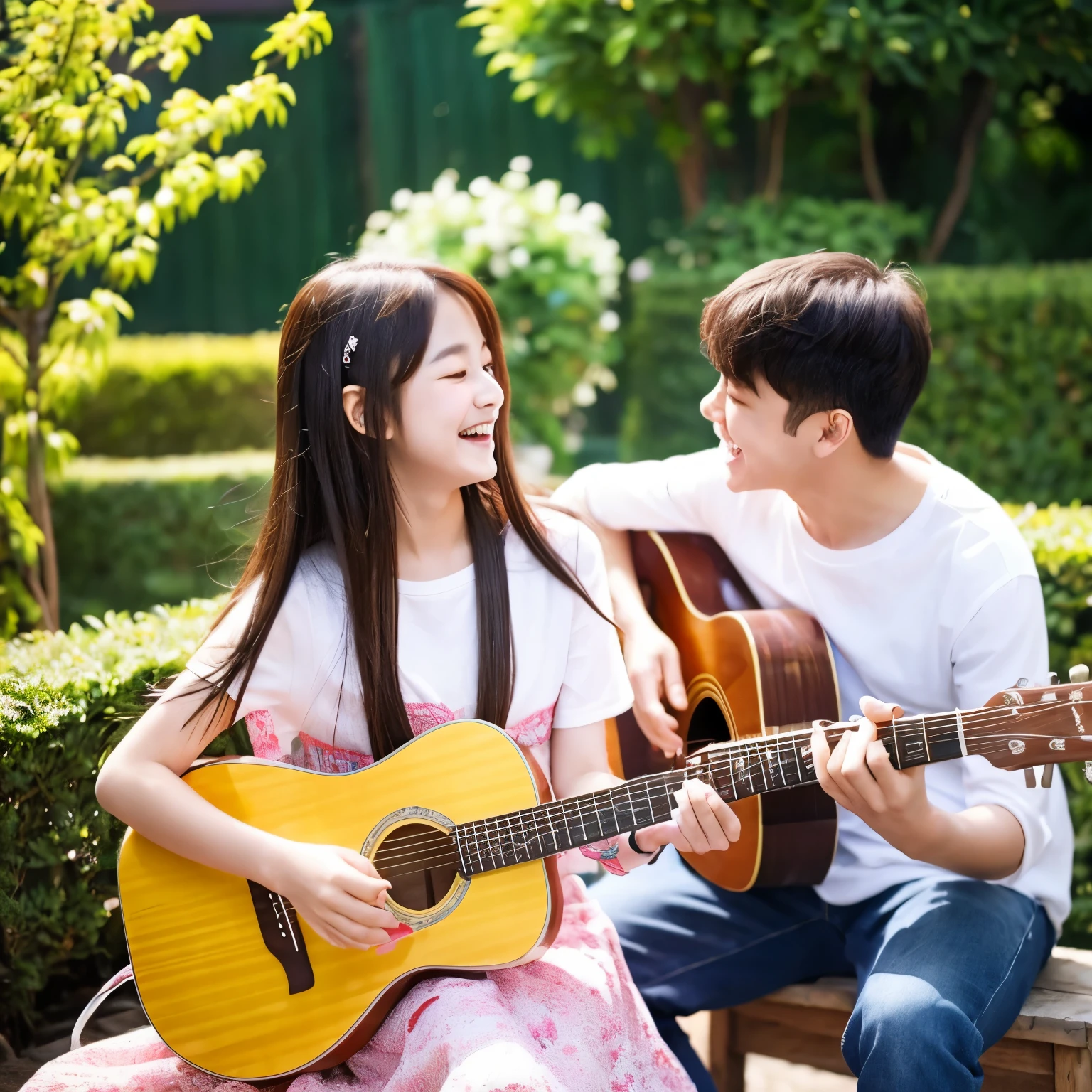 A boy and a girl,Teenager playing guitar,girl singing,Happy and joyful,Looking at each other affectionately in the garden,spring breeze,Chaoyang