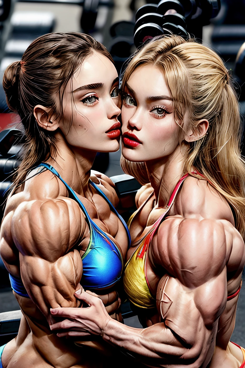 (2 girls body builders:1.6), ((masterpiece)), best quality, ultra-detailed:1.7, finely detail, high resolution:1.6, perfect dynamic composition, beautiful detailed faces:1.77, blonde babes:1.88, perfect red lipstick, perfect makeup:1.8, short bikini , extra large breasts:1.4, lovely look:1.7, gorgeous face:1.6, defined muscles:1.4, beautiful faces:1.8, alessandra ambrossio, izabel goulart, Kate Upton, Gigi Hadid, candice swanpoel ,popped out dense veins on muscles:1.8, hyper detailed picture:1.4, 8k resolution: 1.7, flex muscles:1.3, hyper muscular body shape:1.42, photorealistic:1.5, realistic:1.6, face masterpiece:1.74, good and professional lighting on picture:1.38, Swedish-Turkish muscle beauty goddess, masterpiece 24 years old Ariana Grande and alessandra ambrossio as bodybuilders, extremely high resolution, hyper feminine beauty , hyper realistic texture , extra large , hyper muscularity, hyper vascularity, ripped body shape, ripped sexy ass with bikini, muscular ass , topless, kissing, good face details, hyper face detailing, doing sex, very detailed muscle fibres, sexy french kiss, romantic, romantic moment, serious muscle posing, hard muscular ass, ass muscle fibres