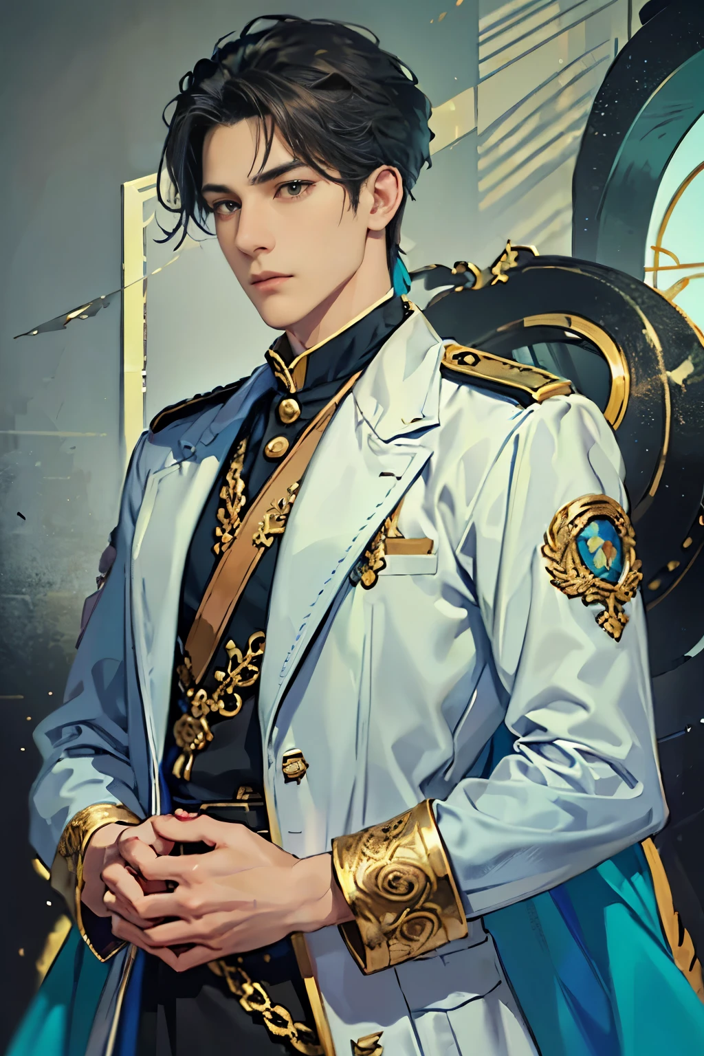 (outrageous, mackerel, highly detailed, hdr), masterpiece, best quality, one man, cool, short hair, detailed eyes and detailed facelate twenties male, strikingly handsome, chiseled features, sculpted jawline, deep-set eyes, full hair, modern hairstyle, military uniform, gold braiding, ceremonial attire, confident posture, luxury suit, sleek design, silk fabric, tailored fit, shiny finish, poised, elegant background, high-resolution, photorealistic, vibrant colors, dynamic lighting, sharp detail., 