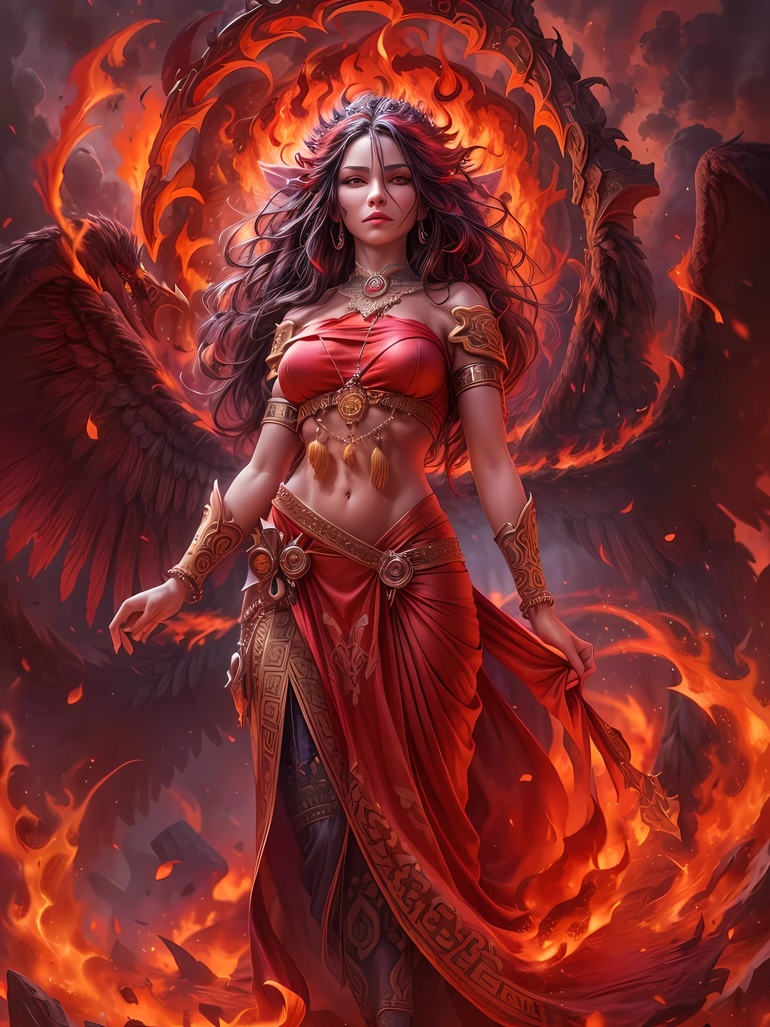 high details, best quality, 16k, [ultra detailed], masterpiece, best quality, (extremely detailed), full body, ultra wide shot, photorealistic, fantasy art, dnd art, rpg art, realistic art, an ultra wide picture of a female human (intricate details, Masterpiece, best quality: 1.5) goddess of fire  ((fiery radiant aura)), controlling a swirling red fire, fiery red radiant magic (1.5 intricate details, Masterpiece, best quality), manipulating purple radiant magical symbols, [[divine symbols]] (intricate details, Masterpiece, best quality: 1.5), human female, red  hair, long hair with aura, hair with red radiant eyes, intense eyes, ((radiant eyes)), (( red glowing eyes)), dynamic clothing, fantasy volcano back ground, stresms of lava,  celestial  background, ((divine worship atmosphere)), high details, best quality, highres, ultra wide angle, gl0w1ngR