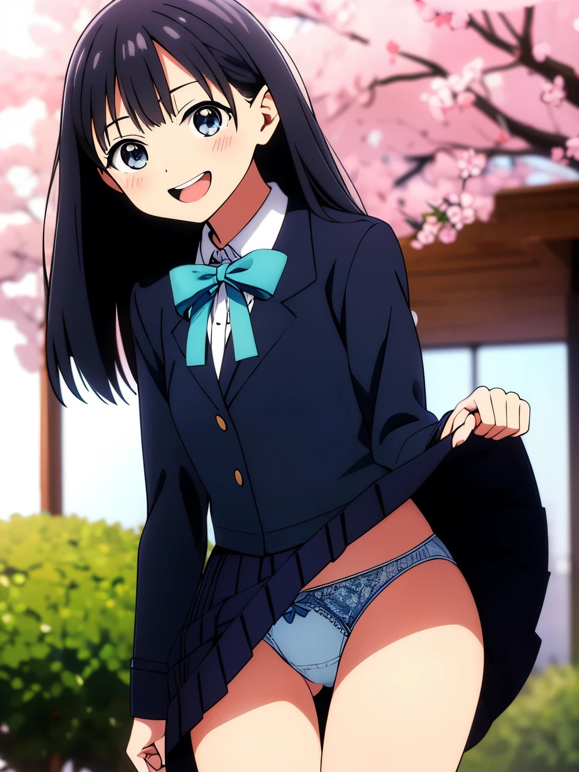 masterpiece,best quality,highres,ultra-detailed,aamio,black eyes,long hair,hime cut,blunt bangs,sakuragaoka high school uniform,school uniform,(blue jacket:1.4),long sleeves,collared shirt,white shirt,neck ribbon,grey skirt,socks,black socks,brown footwear,outdoors,cherry blossoms,standing,smile,cowboy shot,waving,akebi komichi,smiling at you,"(optimum,wedding gown,holding flower bouquet,one-girl,chies)tmasterpiece，high qulity，A high resolution，New World No. 1，inoue takina，wedding gown，Bridal veil，whitegloves，Cowboy close-up，standing on your feet，ssmile"anime girl with pink hair and green skirt posing in front of a city, seductive anime girl, a hyperrealistic , hyperrealistic , [ 4 k digital art ]!!, touching her clothes, smooth anime cg art, the anime girl is crouching, clean detailed anime art, small curvy , cherry blossoms in the background, extremely detailed CG unity 8k wallpaper, best quality, ultra-detailed, masterpiece, realistic, photo realistic, extremely detailed cute girl, ars old, (((skirt lift by myself))), (lifted by self), panties , panties focus, blush, parted lips, looking at viewer , half body shot , (crowd), (crowded city) , wavy hair, ultra-detailliert、​masterpiece、top-quality、超A high resolution、8K high image quality、Photogenic clarity、A detailed eye、gradients、perfect anatomy body proportions ,hard disk、nffsw , Nikon Z9 80mm Lens , masutepiece、Model Standing、(((Minuscule panties、Small micro panties、Pubic hair can be seen through the lace of the panties)))、(((Panties are lace pale pink panties.)))、(((Dark blue school uniform、White blouses、Cute white white short sleeve blouse with ribbon、short loose socks、dark brown loafers)))、(((See all panties)))、(((The skirt is definitely worn)))、(((Lift skirt hem)))、Sit in a triangle with your thighs slightly inward、panties focus、too bright natural light、Sunshine、Detailed lace panty pattern、Plain white panties、(((Lifting skirt while standing to show off panties to camera)))、(((Beaut