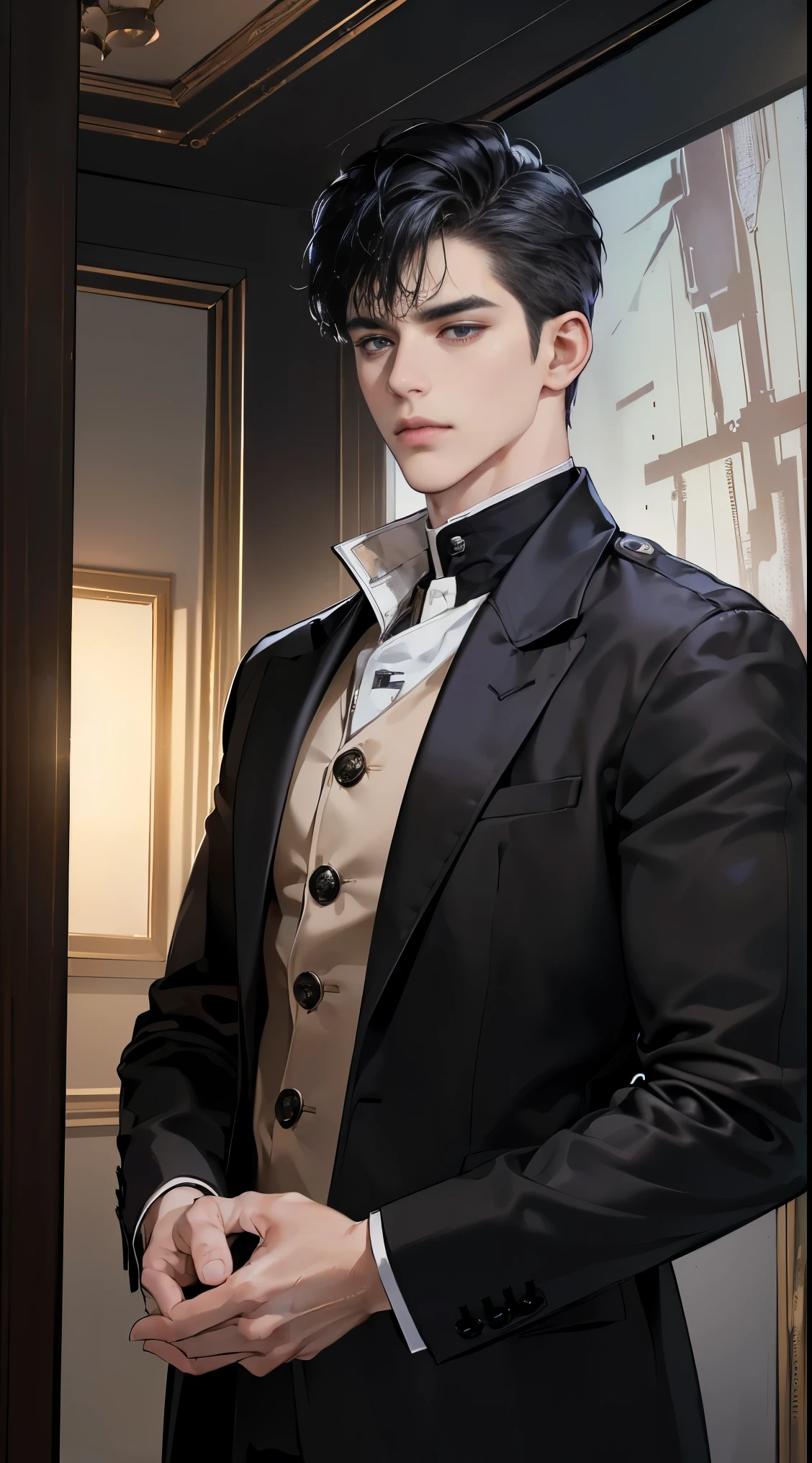 (best quality, masterpiece, 8 thousand, realistic, cinematic lighting, 1:4 HDR images, very detailed, beautiful photoature man, very handsome, ((cold expression)), black short hair, black eye, A perfect face without any mistakes, ((Buttoning my jacket, chief executive))
