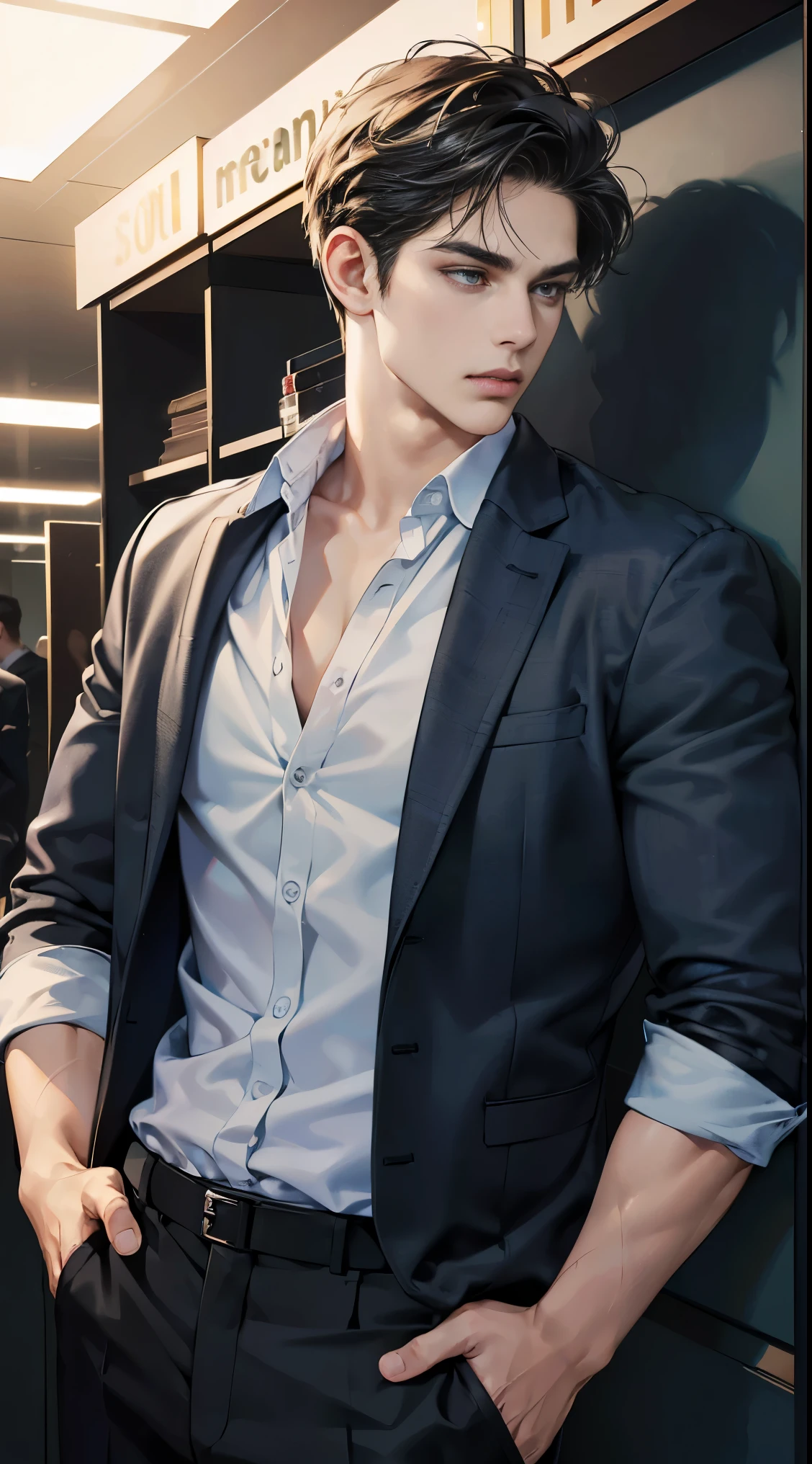 (best quality, masterpiece, 8 thousand, realistic, cinematic lighting, 1:4 HDR images, very detailed, beautiful photoature man, very handsome, ((cold expression)), black short hair, black eye, A perfect face without any mistakes, ((Buttoning my jacket, chief executive))