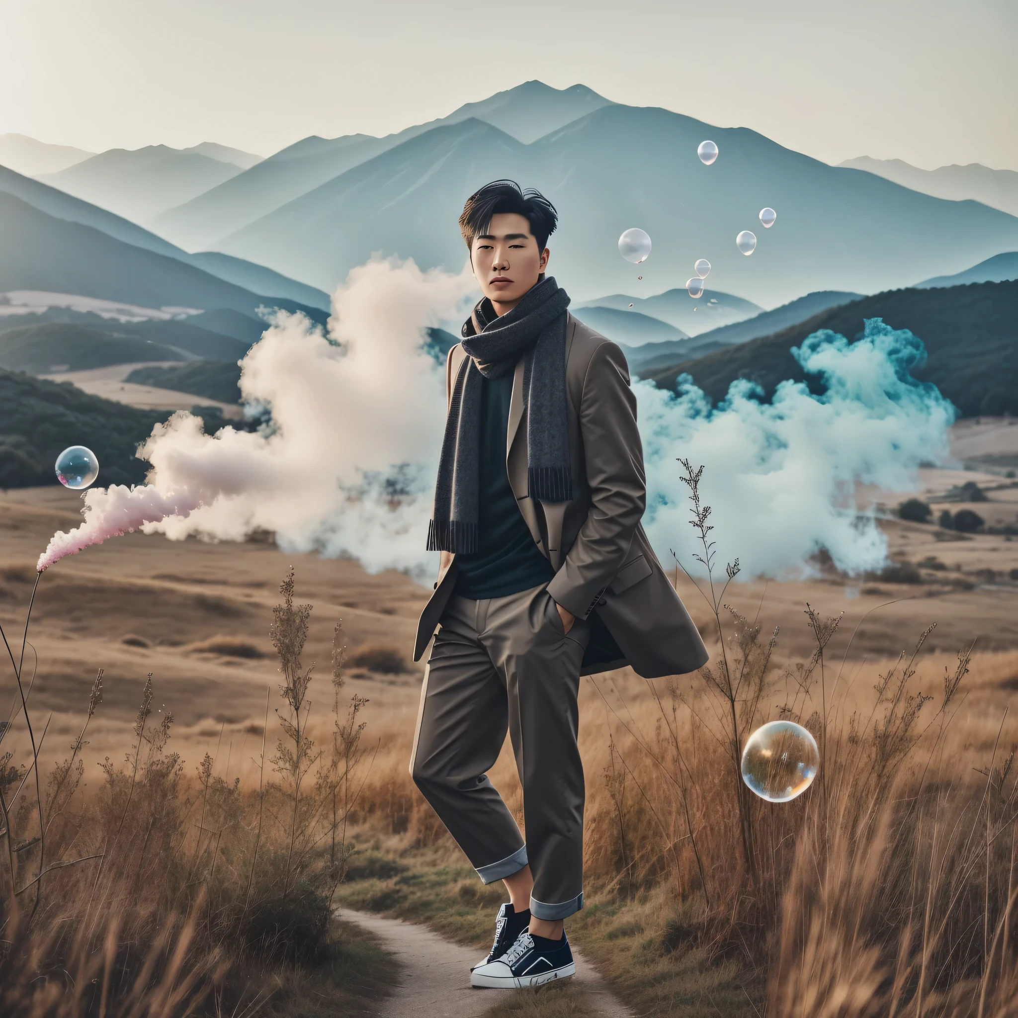 full body, cinematic portrait of an korean man with short hair, casually dressed, wearing a scarf and shoes, standing in a grassy field with mountains in the background, lonely handsome man,atmospheric portrait, standing in a grassy field and weeds, playing with bubble balloons and blowing in the wind,behind you can see colorful smoke bombs, foggy background, looking to the side, focused gaze looking at the camera