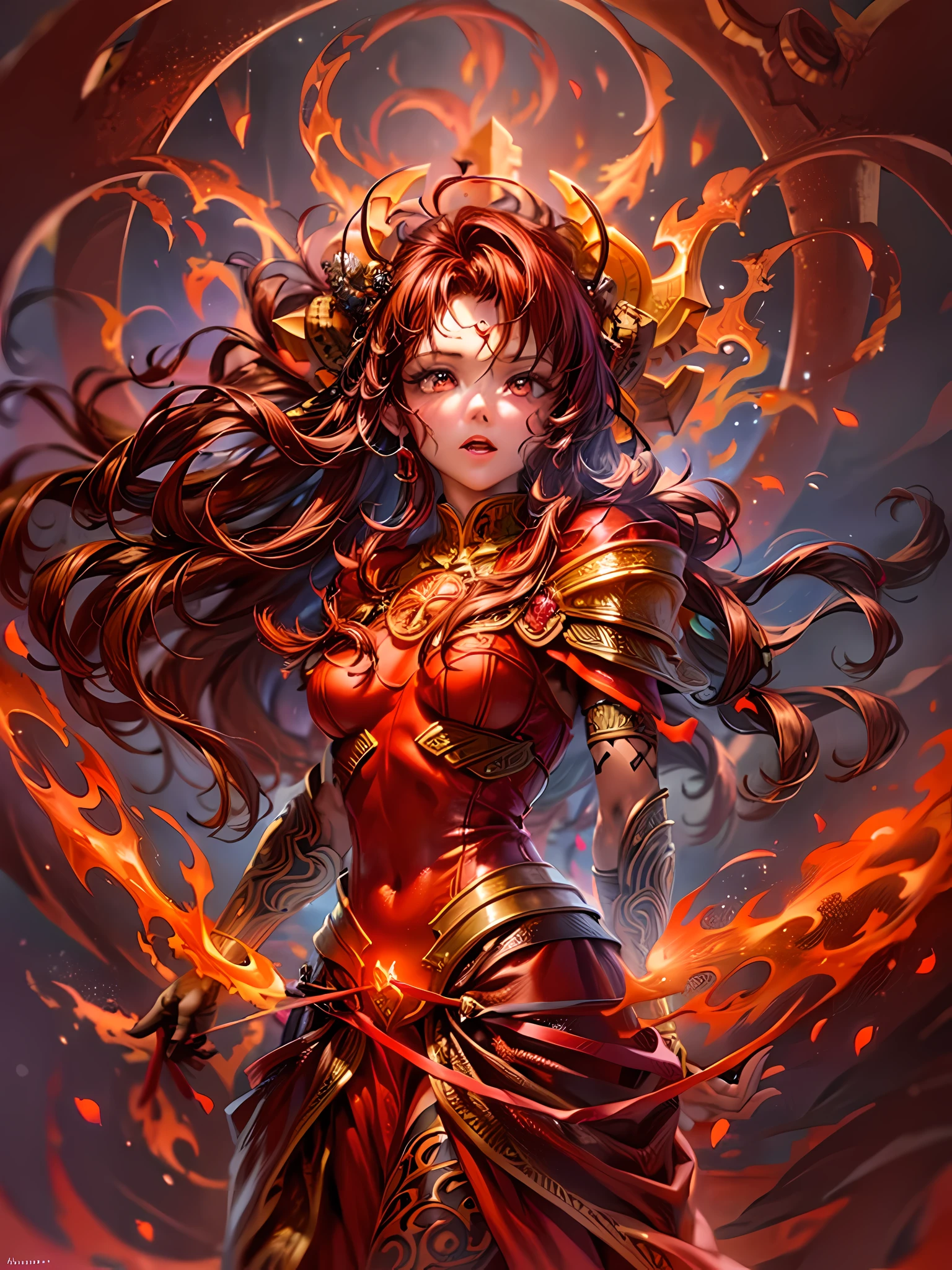 high details, best quality, 16k, [ultra detailed], masterpiece, best quality, (extremely detailed), full body, ultra wide shot, photorealistic, fantasy art, dnd art, rpg art, realistic art, an ultra wide picture of a female human (intricate details, Masterpiece, best quality: 1.5) goddess of fire  ((fiery radiant aura)), controlling a swirling red fire, fiery red radiant magic (1.5 intricate details, Masterpiece, best quality), manipulating purple radiant magical symbols, [[divine symbols]] (intricate details, Masterpiece, best quality: 1.5), human female, red  hair, long hair with aura, hair with red radiant eyes, intense eyes, ((radiant eyes)), (( red glowing eyes)), dynamic clothing, fantasy volcano back ground, stresms of lava,  celestial  background, ((divine worship atmosphere)), high details, best quality, highres, ultra wide angle, gl0w1ngR