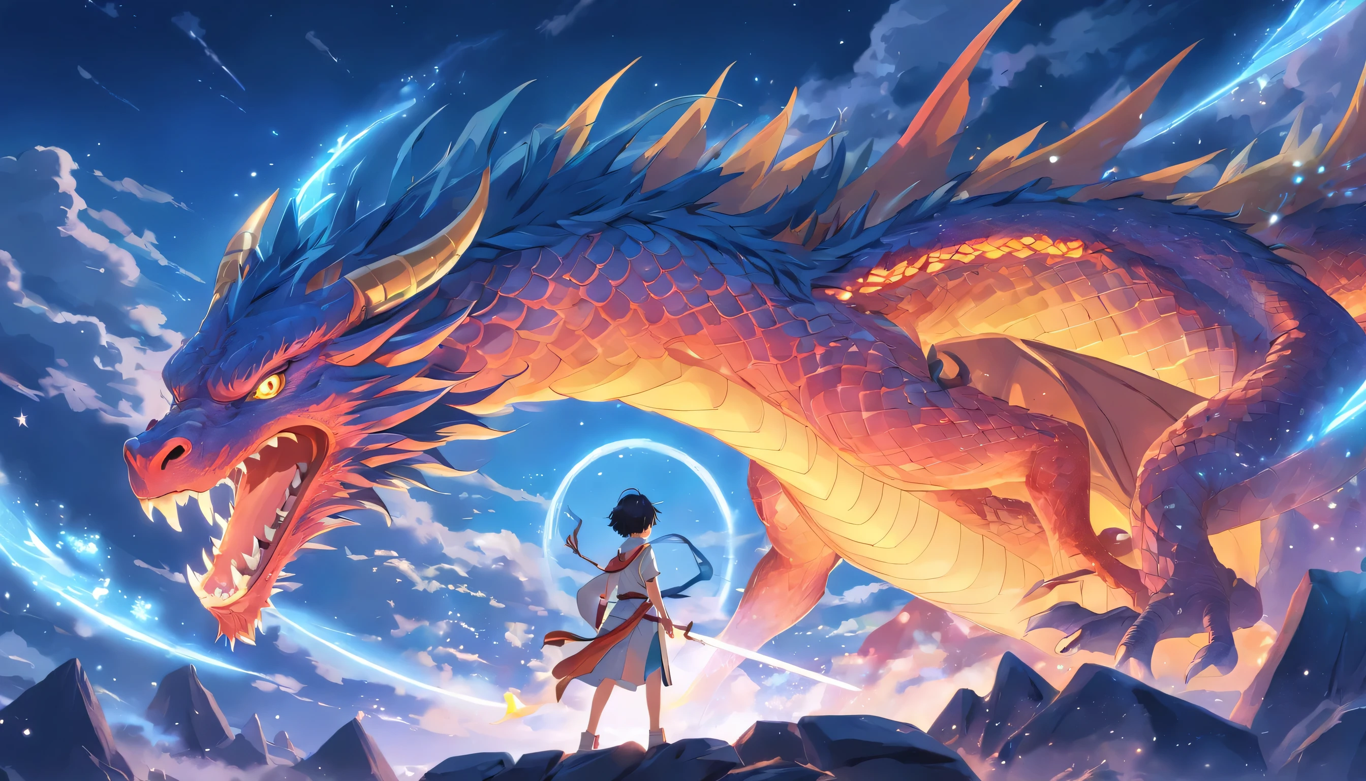 full moon, warrior, Fighting the Dragon God、Highly detailed dragoneye、highly detailed dragon scales
