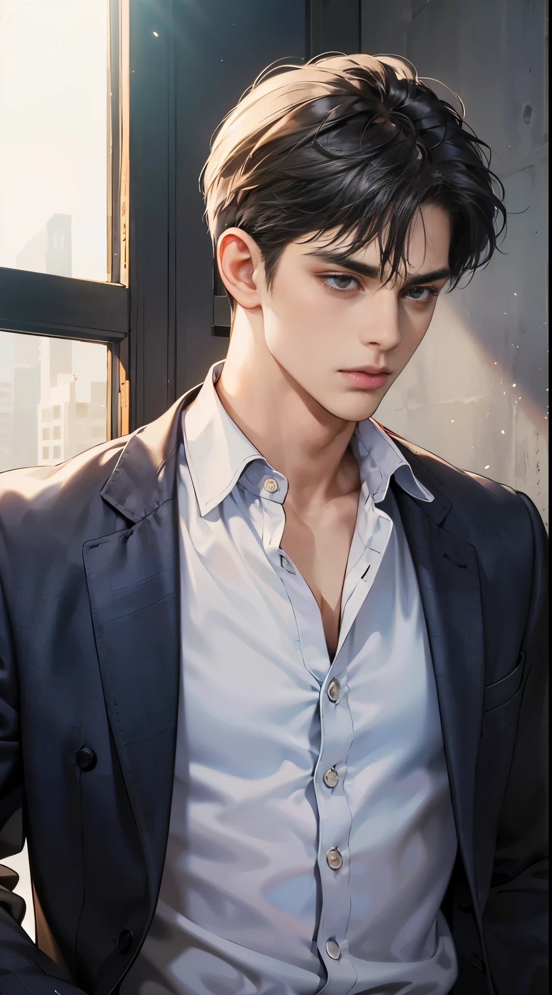 (best quality, masterpiece, 8 thousand, realistic, cinematic lighting, 1:4 HDR images, very detailed, beautiful photoature man, very handsome, ((cold expression)), black short hair, black eye, A perfect face without any mistakes, ((Buttoning my jacket, chief executive))