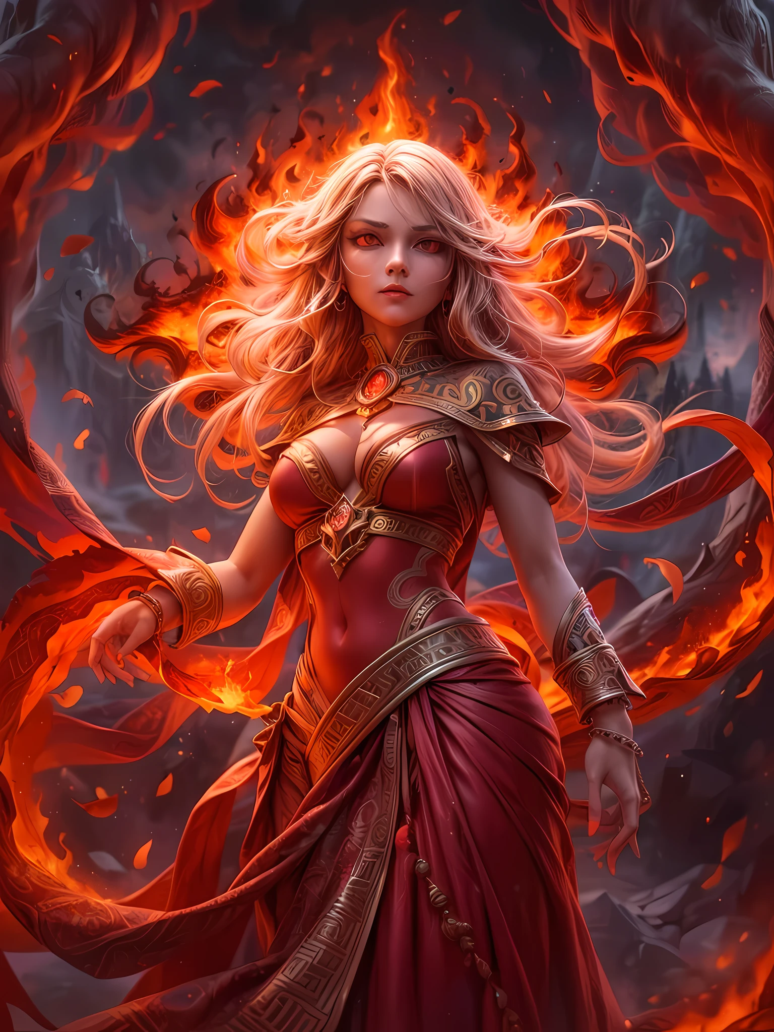 high details, best quality, 16k, [ultra detailed], masterpiece, best quality, (extremely detailed), full body, ultra wide shot, photorealistic, fantasy art, dnd art, rpg art, realistic art, an ultra wide picture of a female human (intricate details, Masterpiece, best quality: 1.5) goddess of fire  ((fiery radiant aura)), controlling a swirling red fire, fiery red radiant magic (1.5 intricate details, Masterpiece, best quality), manipulating purple radiant magical symbols, [[divine symbols]] (intricate details, Masterpiece, best quality: 1.5), human female, blond hair, long hair with aura, hair with red radiant eyes, intense eyes, ((radiant eyes)), (( red glowing eyes)), dynamic clothing, fantasy volcano back ground, stresms of lava,  celestial  background, ((divine worship atmosphere)), high details, best quality, highres, ultra wide angle, gl0w1ngR