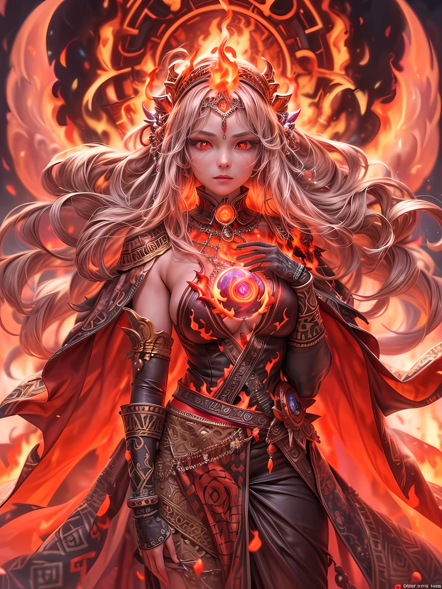 high details, best quality, 16k, [ultra detailed], masterpiece, best quality, (extremely detailed), full body, ultra wide shot, photorealistic, fantasy art, dnd art, rpg art, realistic art, an ultra wide picture of a female human (intricate details, Masterpiece, best quality: 1.5) goddess of fire  ((fiery radiant aura)), controlling a swirling red fire, fiery red radiant magic (1.5 intricate details, Masterpiece, best quality), manipulating purple radiant magical symbols, [[divine symbols]] (intricate details, Masterpiece, best quality: 1.5), human female, blond hair, long hair with aura, hair with red radiant eyes, intense eyes, ((radiant eyes)), (( red glowing eyes)), dynamic clothing, fantasy volcano back ground, stresms of lava,  celestial  background, ((divine worship atmosphere)), high details, best quality, highres, ultra wide angle, gl0w1ngR