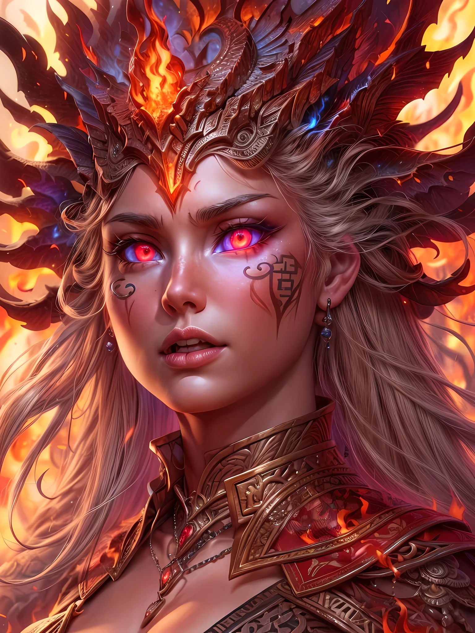 high details, best quality, 16k, [ultra detailed], masterpiece, best quality, (extremely detailed), full body, ultra wide shot, photorealistic, fantasy art, dnd art, rpg art, realistic art, an ultra wide picture of a female human (intricate details, Masterpiece, best quality: 1.5) goddess of fire  ((fiery radiant aura)), controlling a swirling red fire, fiery red radiant magic (1.5 intricate details, Masterpiece, best quality), manipulating purple radiant magical symbols, [[divine symbols]] (intricate details, Masterpiece, best quality: 1.5), human female, blond hair, long hair with aura, hair with red radiant eyes, intense eyes, ((radiant eyes)), (( red glowing eyes)), dynamic clothing, fantasy volcano back ground, stresms of lava,  celestial  background, ((divine worship atmosphere)), high details, best quality, highres, ultra wide angle, gl0w1ngR