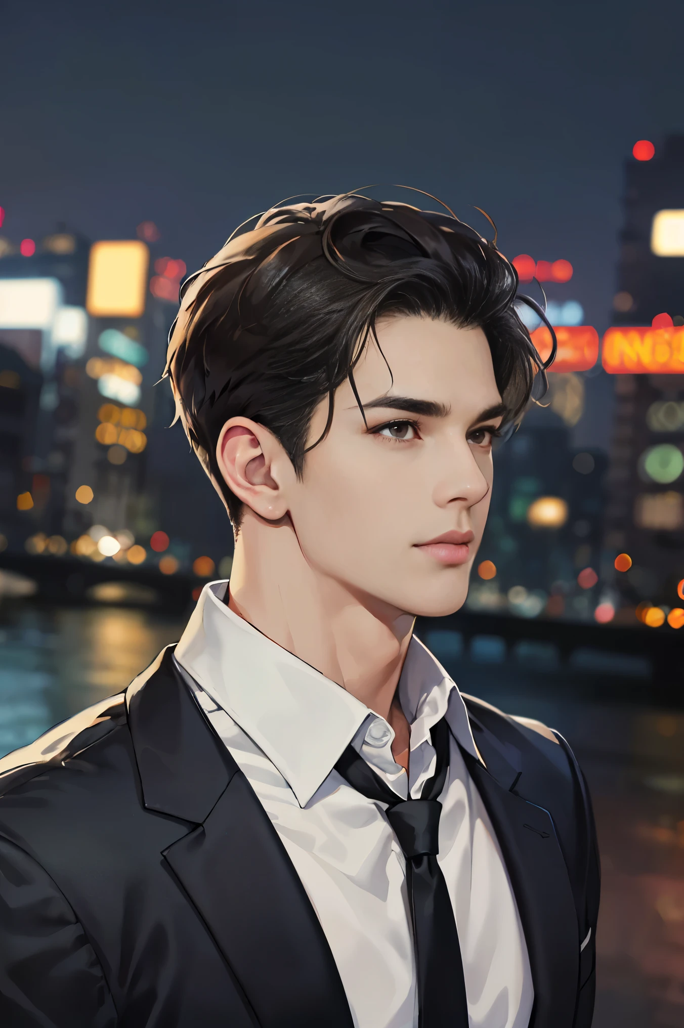 (does not make sense, high resolution, very detailed, realistic,), 1 male, soloist, adult, mature, tall, broad shoulders, amazing, very short hair, black hair, brown eyes, Angular chin, thick neck, thick eyebrows, night, dark, night city background, formal attire, tie, upper body