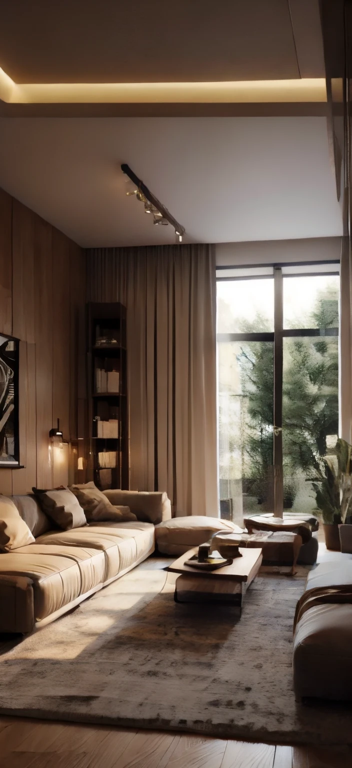 Arafed living room with a large couch and a large window - SeaArt AI