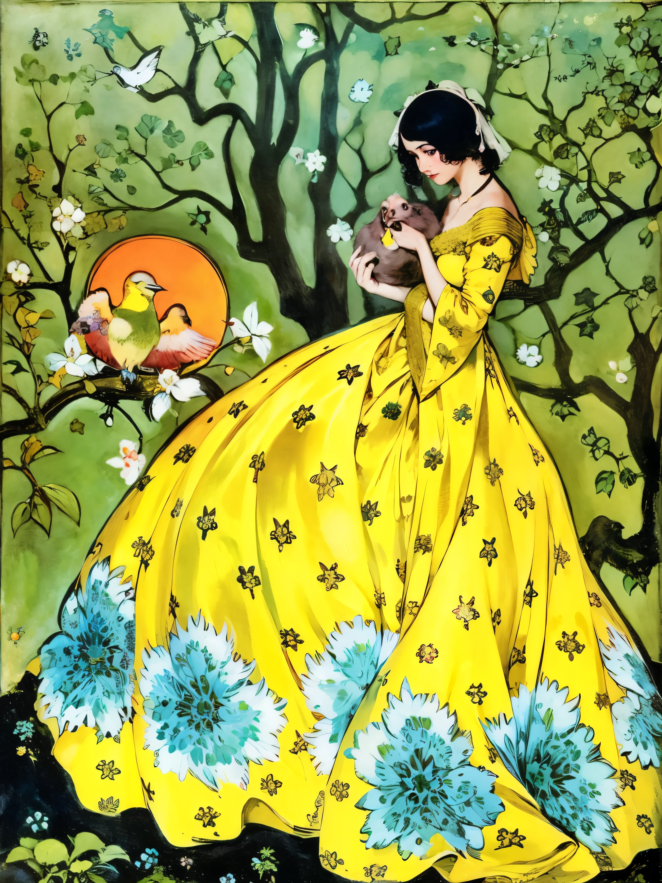 chubby woman in a yellow dress holding a bird in a tree, inspired por Edmundo Dulac, por Georges Lacombe, por Gustaf Tenggren, inspirado em Gustaf Tenggren, por George Barbier, senhora usando vestido amarelo, Eugênio Grasset, por Edmundo Dulac, florence harrison, Moda Arte Nova, fairy tale illustrations, Direction: Rafael Kirchner